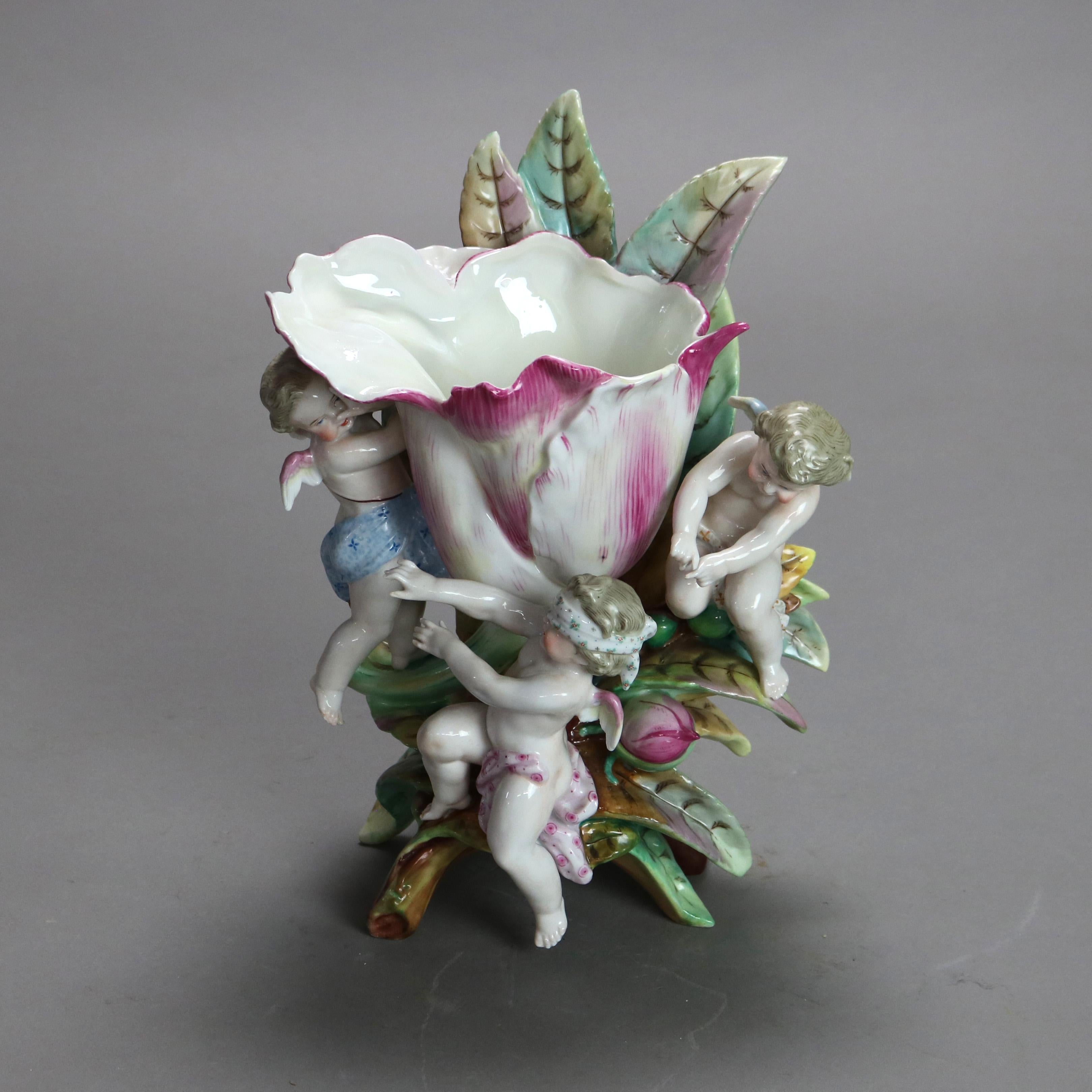 Antique Meissen School Figural Cherub & Flower Porcelain Furstenberg Vase C1910 In Good Condition For Sale In Big Flats, NY