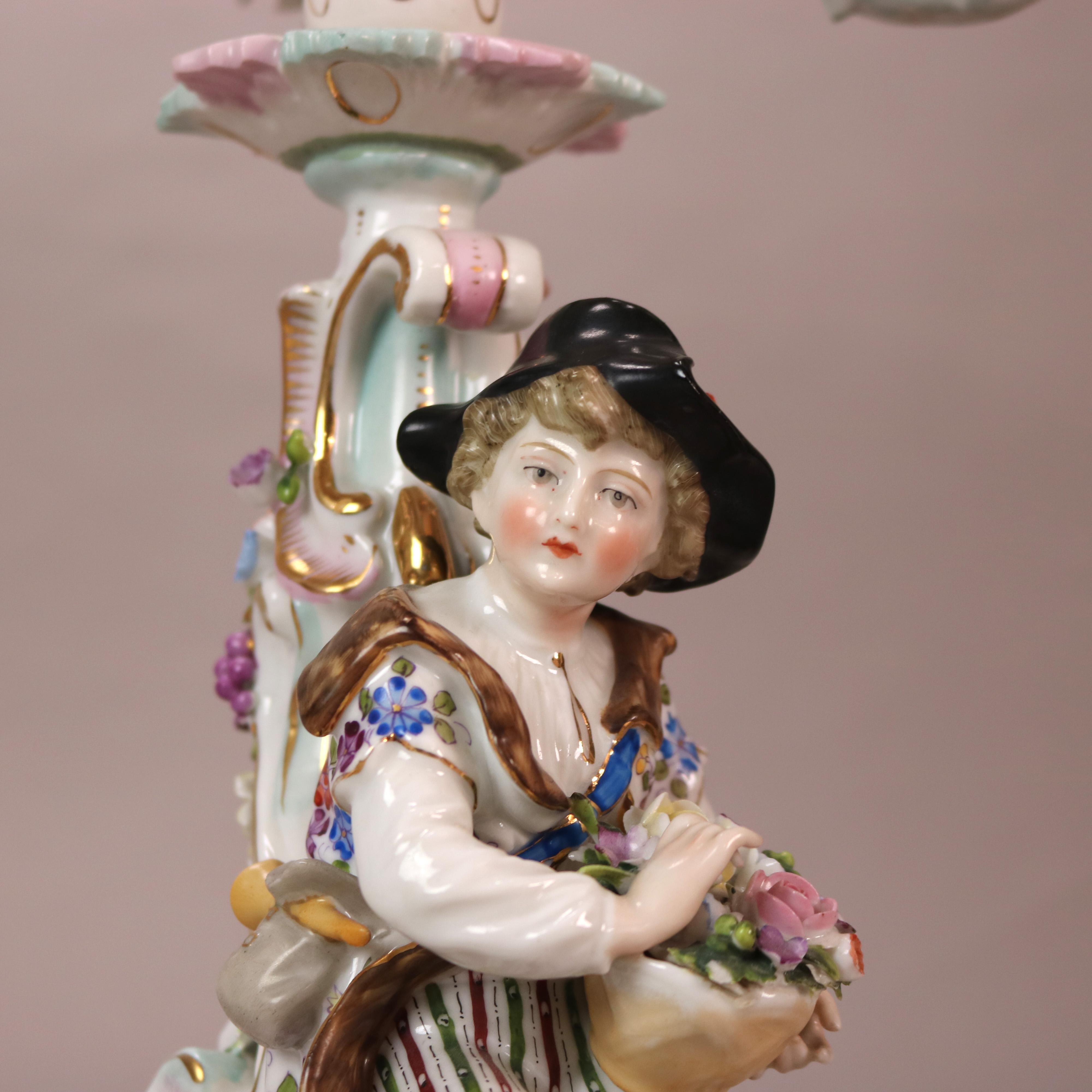 Antique Girl & Boy Figural & Floral Porcelain Five-Candle Candelabras in the Manner of Meissen with Porcelain Candles C1890

Measures- 23.25
