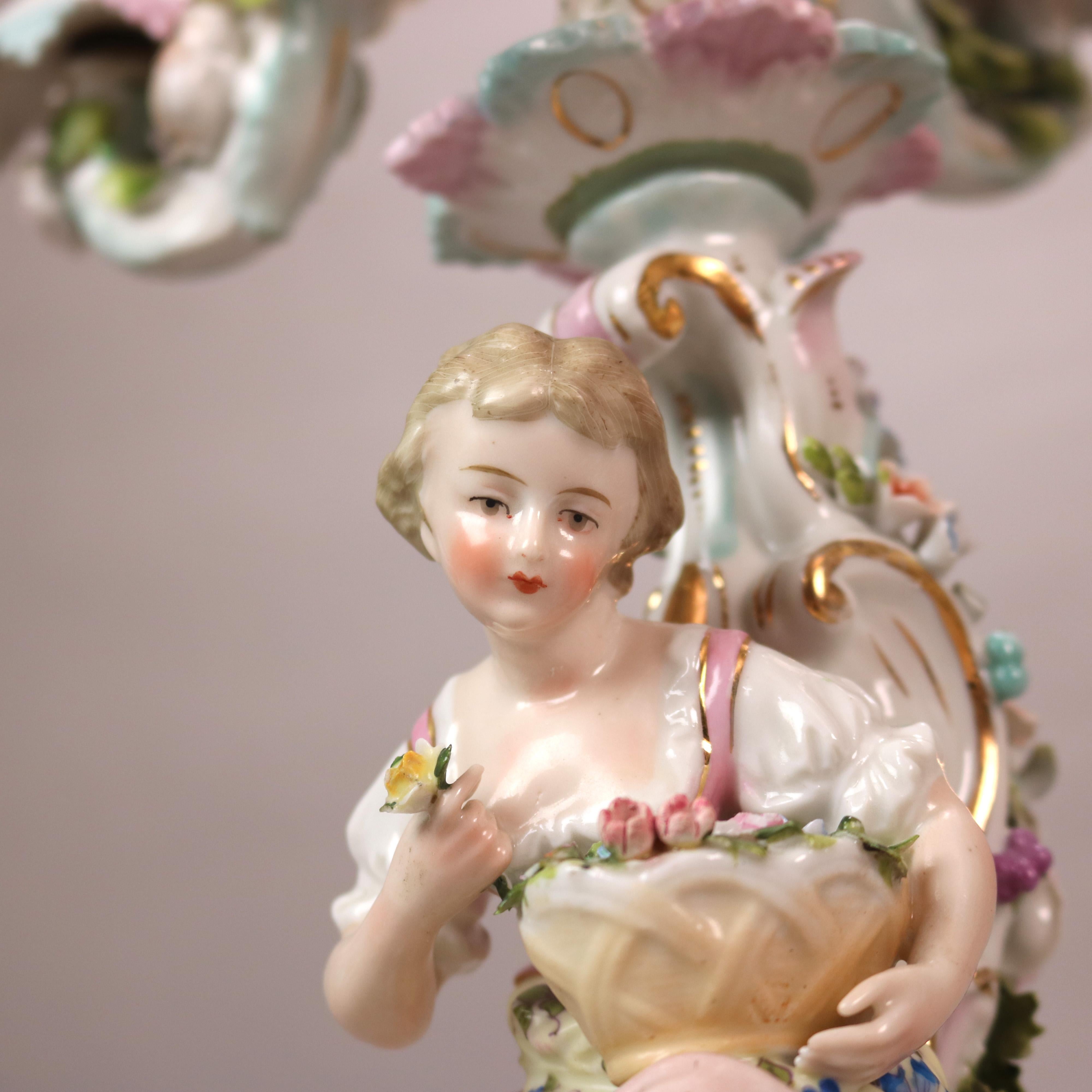 Antique Meissen School Figural & Floral Porcelain Five-Candle Candelabras C1890 In Good Condition In Big Flats, NY