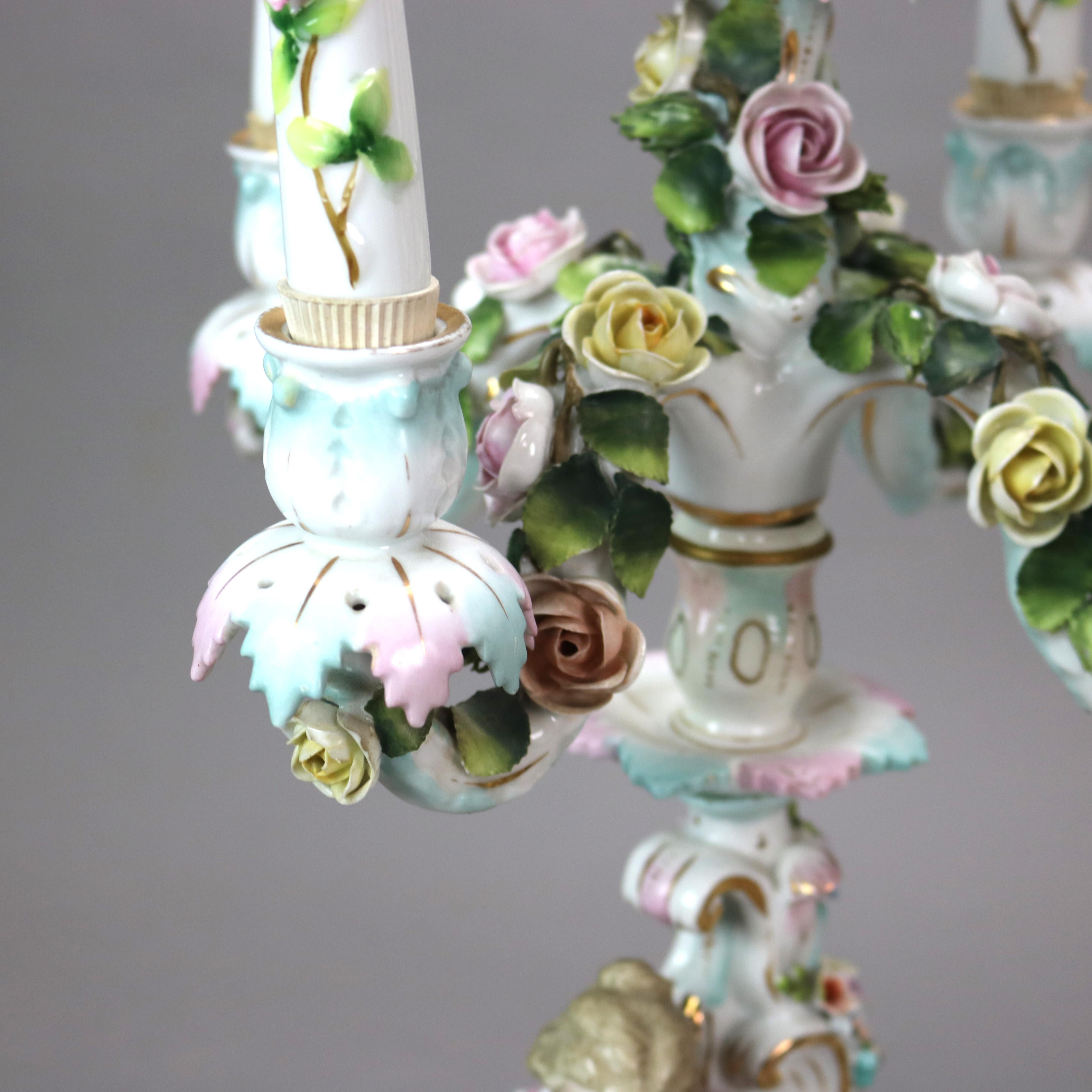 19th Century Antique Meissen School Figural & Floral Porcelain Five-Candle Candelabras C1890