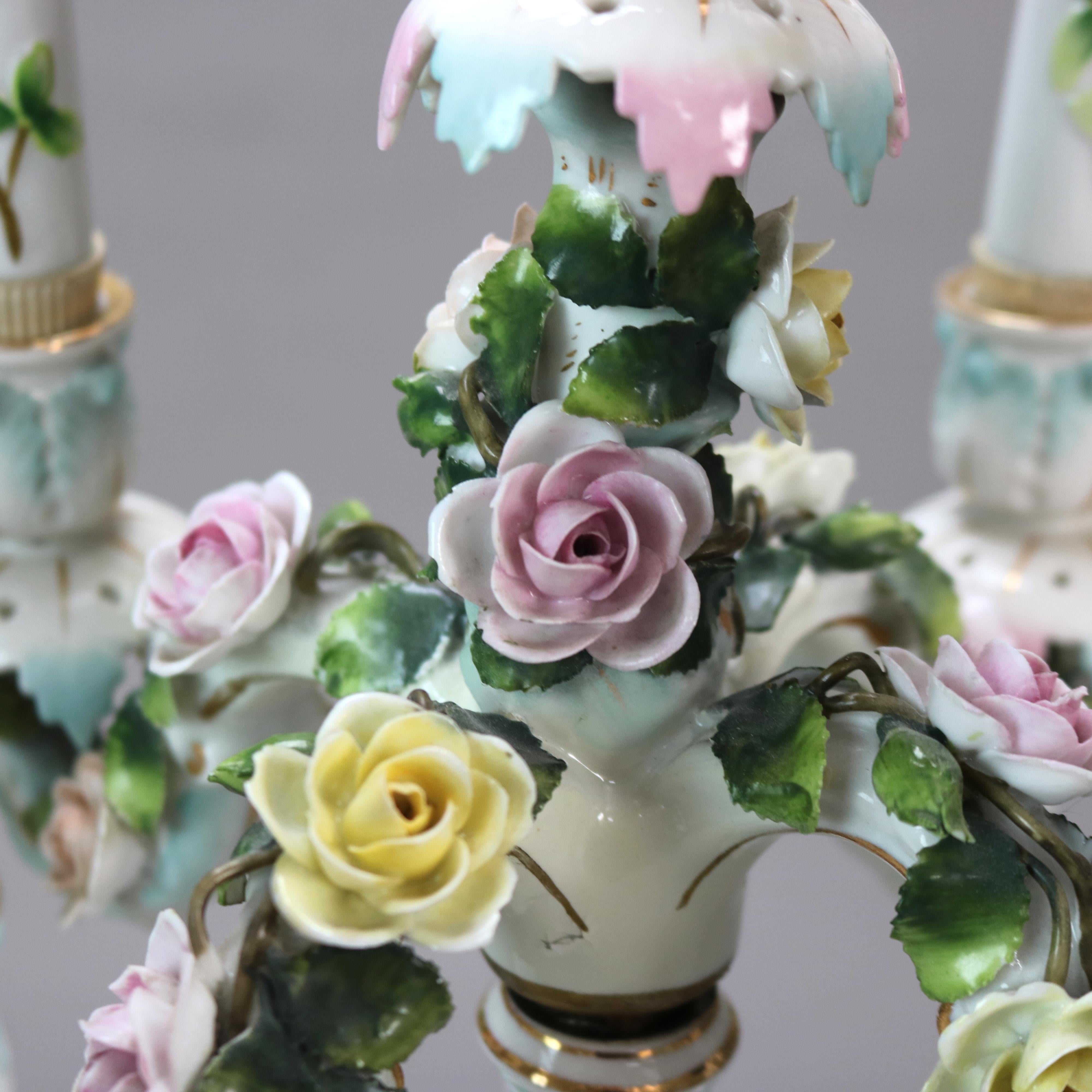 Antique Meissen School Figural & Floral Porcelain Five-Candle Candelabras C1890 1