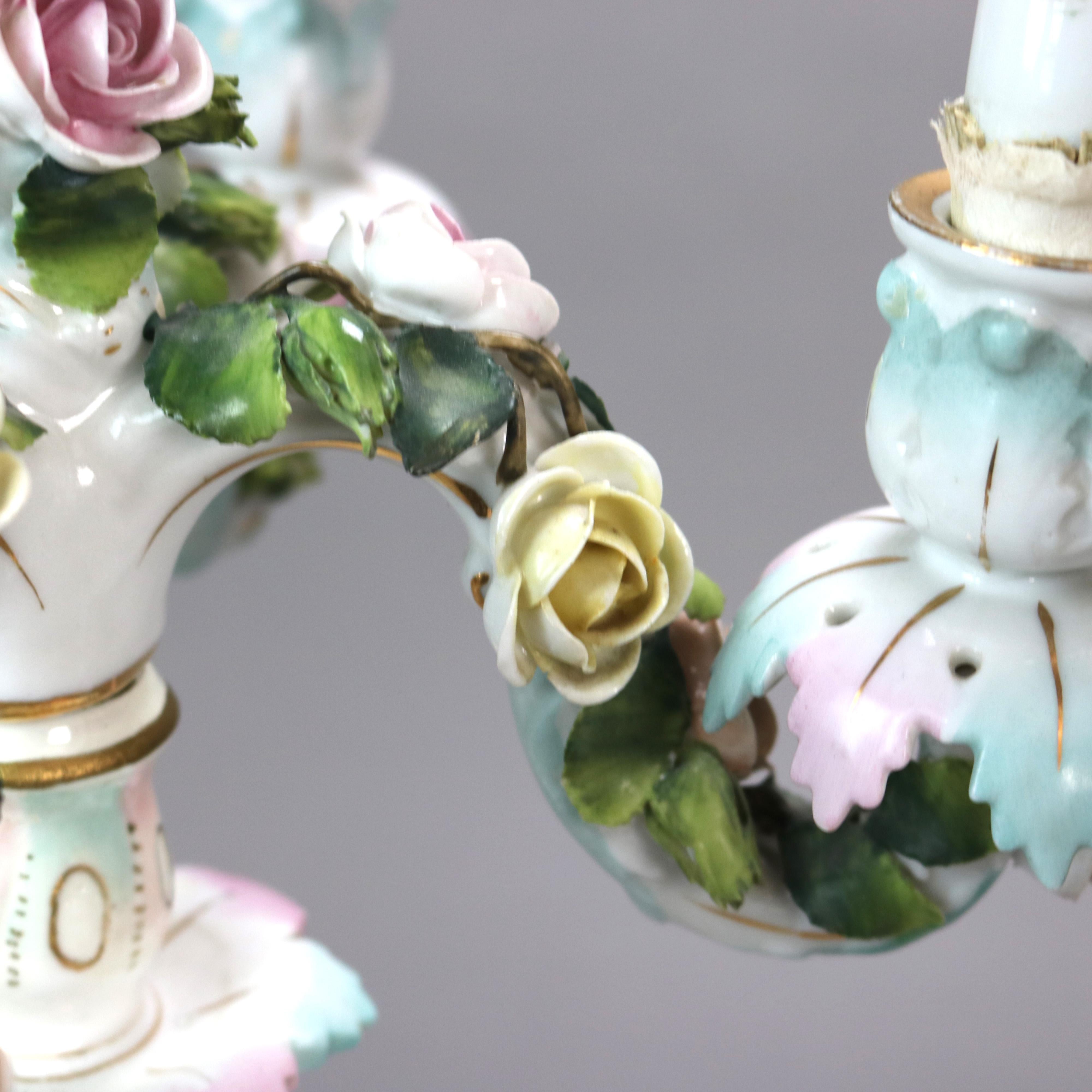 Antique Meissen School Figural & Floral Porcelain Five-Candle Candelabras C1890 4