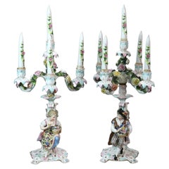 Antique Meissen School Figural & Floral Porcelain Five-Candle Candelabras C1890
