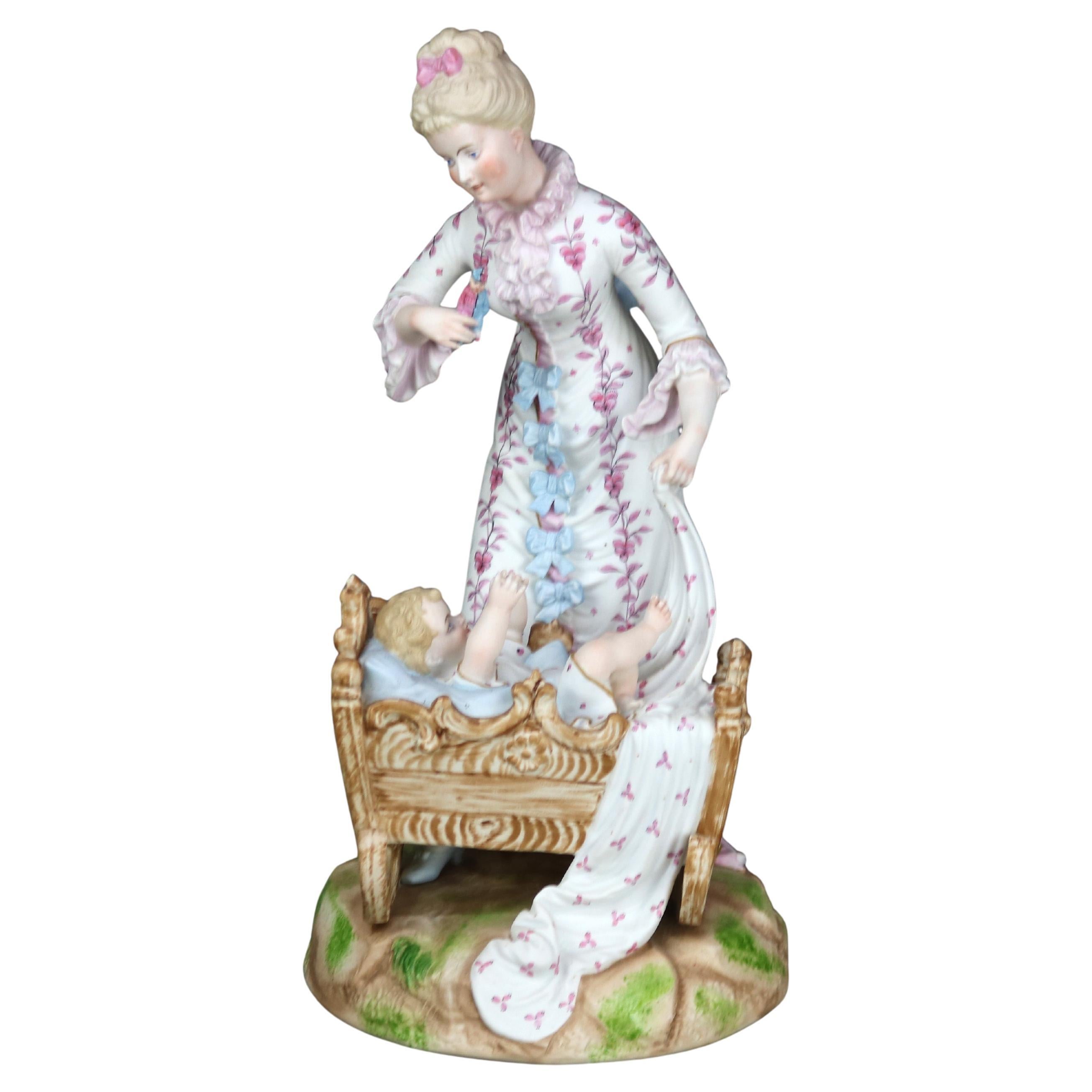 Antique Meissen School Hand Painted Bisque Porcelain Mother & Child Figure c1920