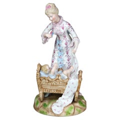Antique Meissen School Hand Painted Bisque Porcelain Mother & Child Figure c1920