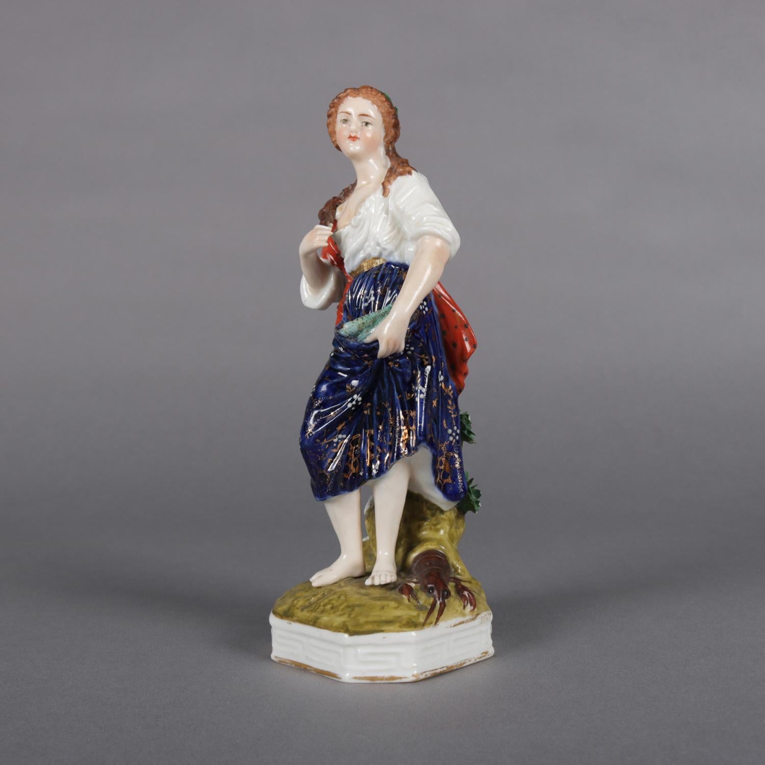 Antique Meissen school porcelain figure of peasant maiden with her catch of fish in seashore setting features hand painted decoration with gilt highlights, red crown mark on back as photographed, circa 1880

Measures: 8