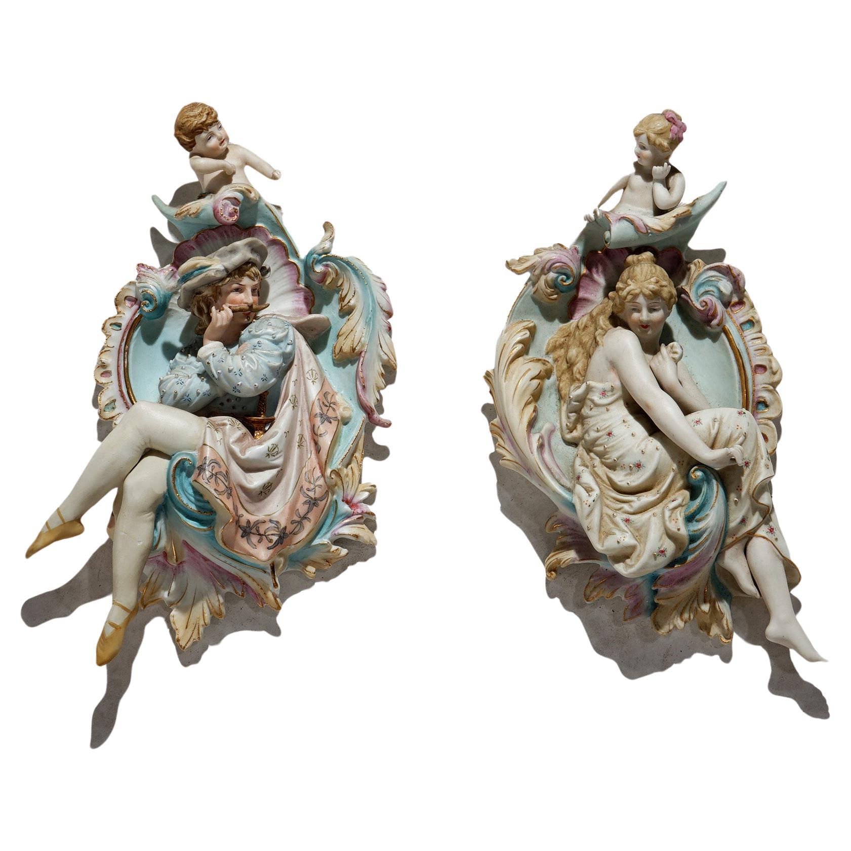 Antique Meissen School Porcelain Figural Plaques with Courting Couple C1920 For Sale