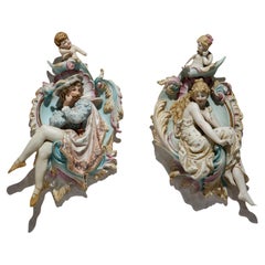 Antique Meissen School Porcelain Figural Plaques with Courting Couple C1920