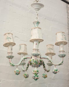 Antique Meissen-Style 5 Arm Glazed Porcelain Chandelier with Porcelain Florals