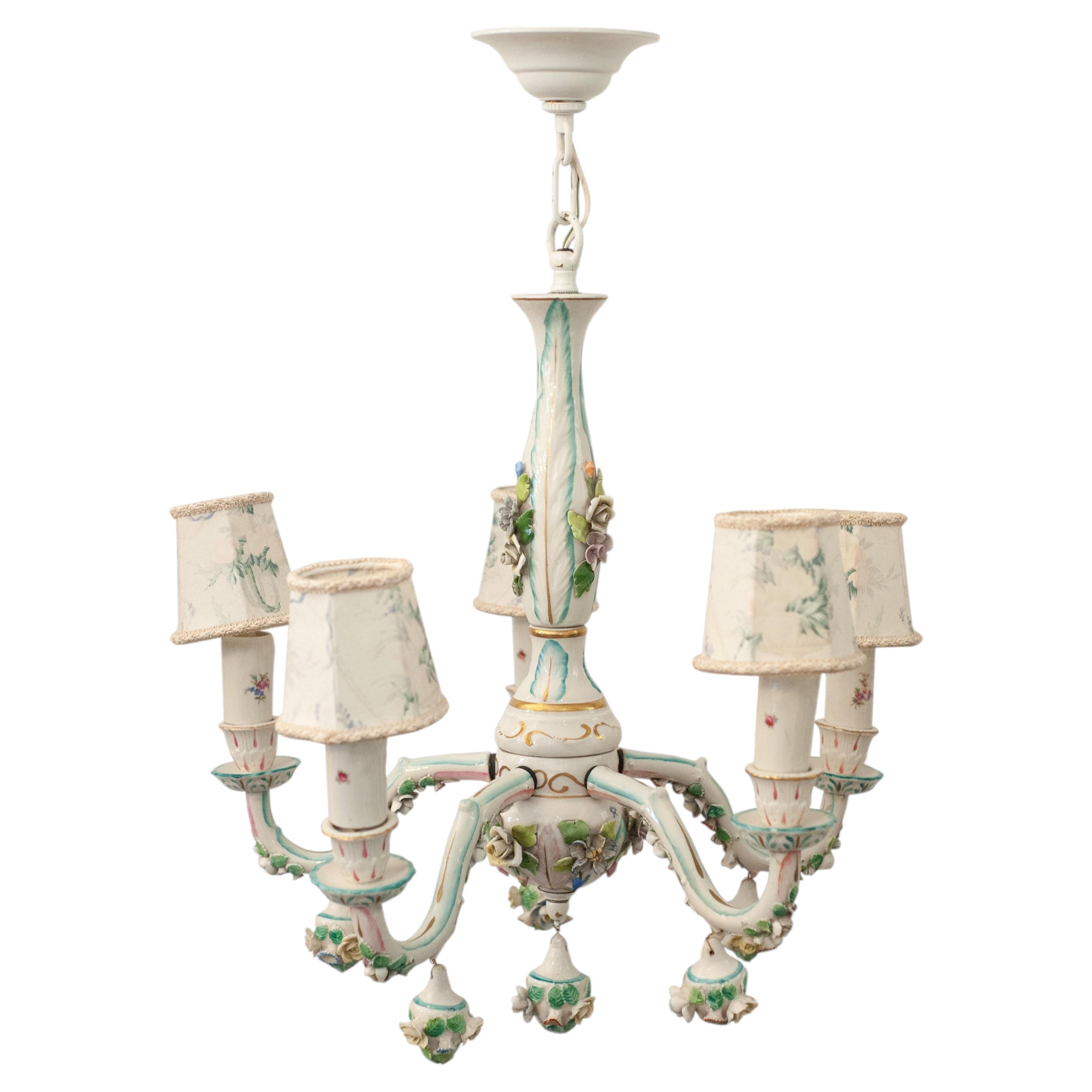 Antique Meissen-Style 5 Arm Glazed Porcelain Chandelier with Porcelain Florals For Sale