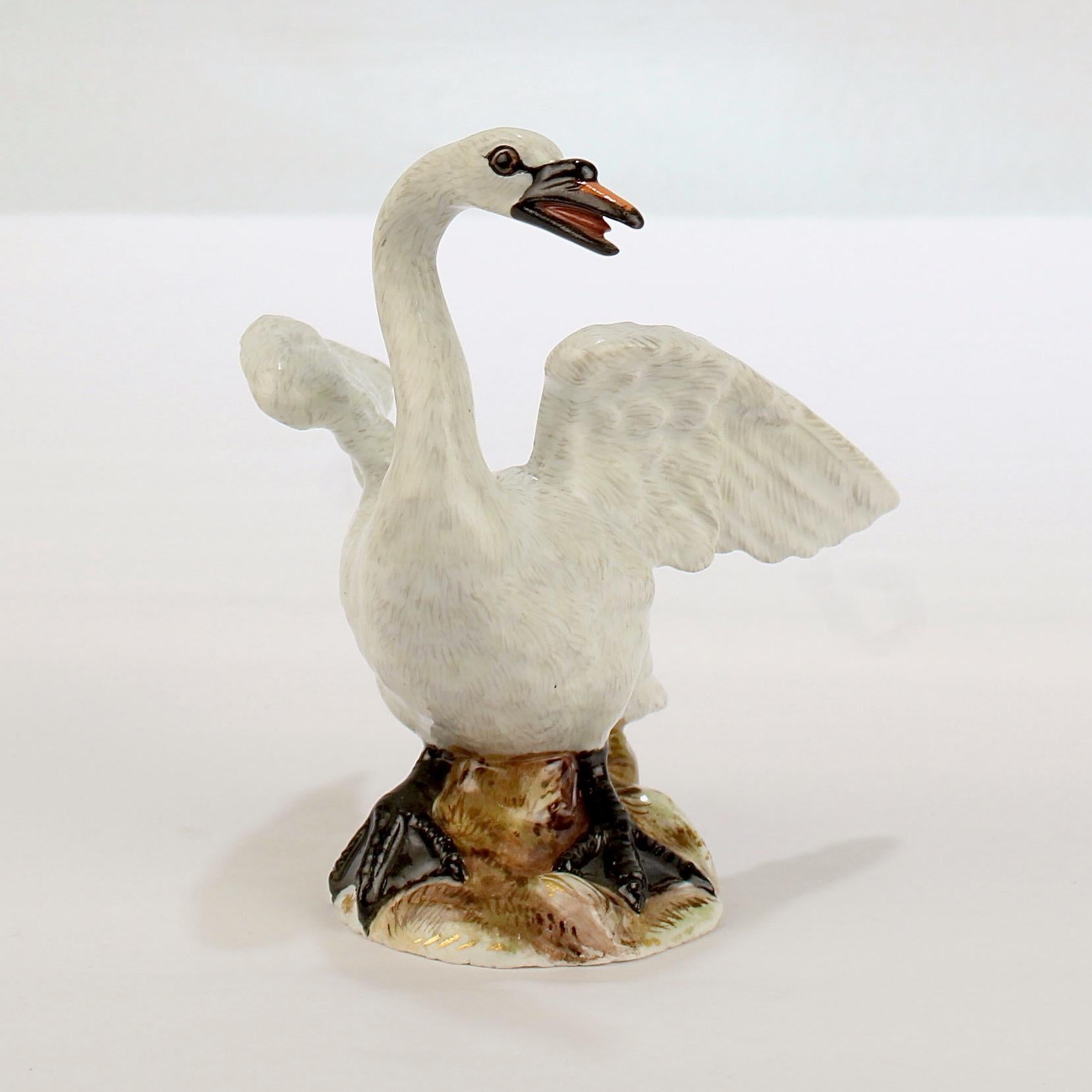 A very fine swan figurine.

Modeled with an erect head and wings outstretched on a naturalistic plinth.

A wonderful piece of Meissen!

Date:
Late 19th or Early 20th Century

Overall Condition:
It is in overall very good, as-pictured, used