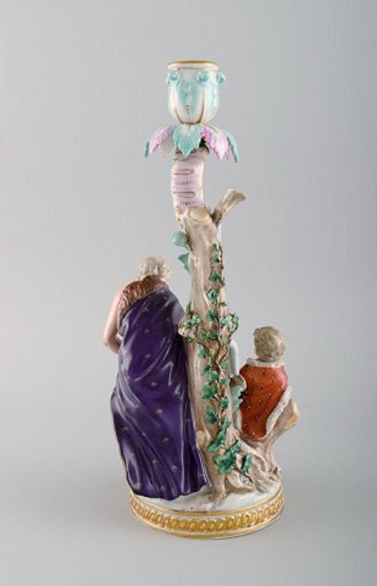 Rococo Revival Antique Meissen Winter Candlestick in Hand-Painted Porcelain, 19th century For Sale