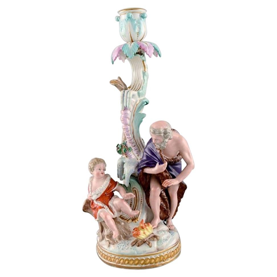 Antique Meissen Winter Candlestick in Hand-Painted Porcelain, 19th century