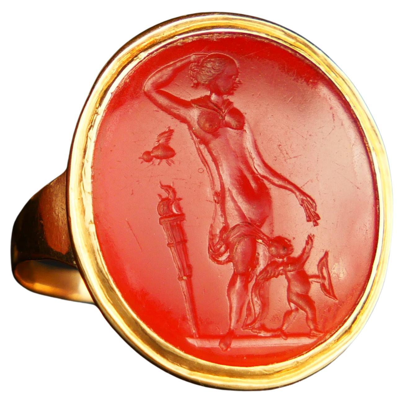 Antique Melissa Venus Victrix Intaglio Signet Ring Carnelian 18K Gold ØUS8/5.8gr