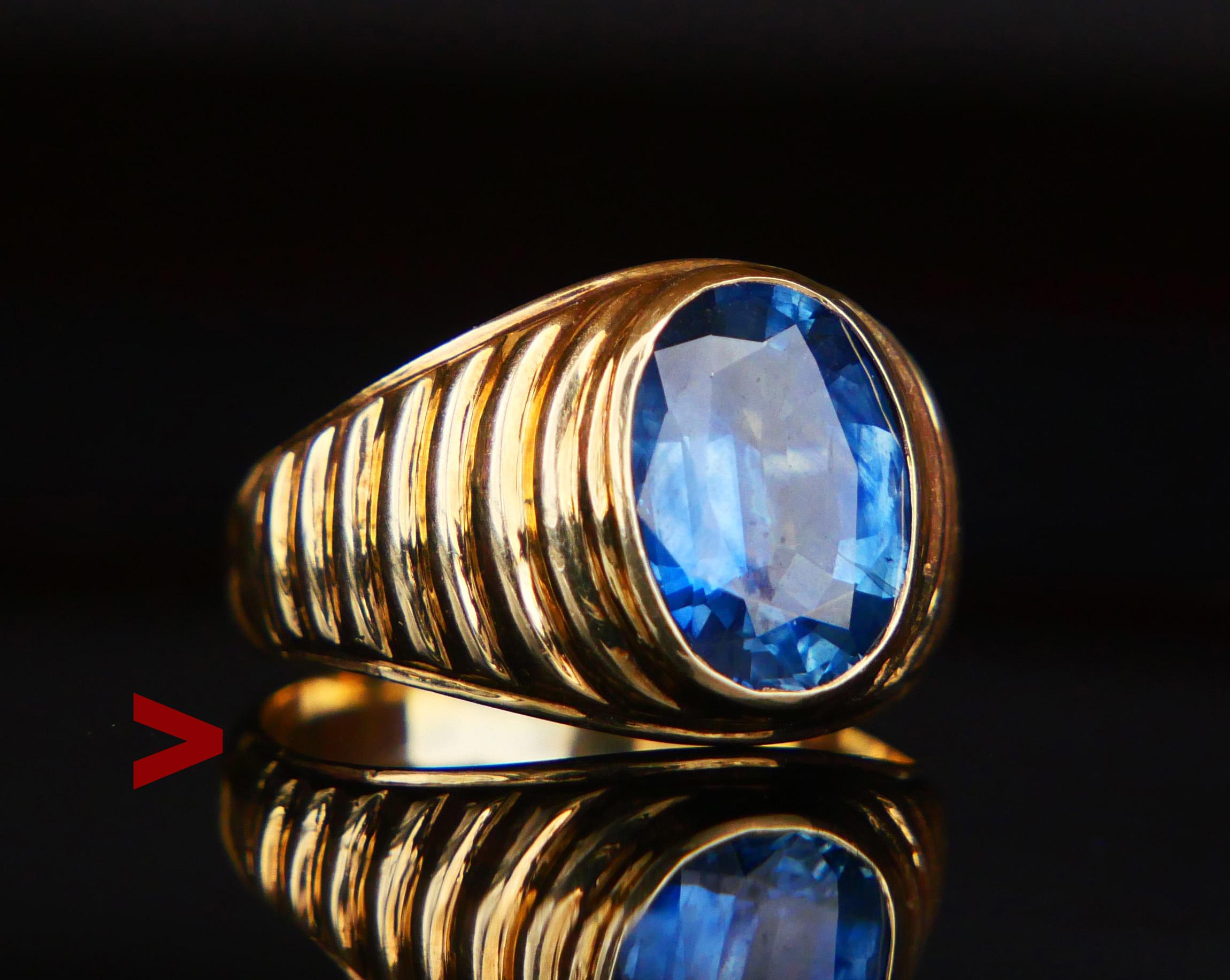 German Ring for Men in solid 14K Yellow Gold decorated with spectacular natural Blue Sapphire of Cornflower / Light Blue color, oval cut 12 mm x 8.5 mm x 4.6 mm / ca. 4 ct. Stone demonstrates internal structure typical for natural stones with
