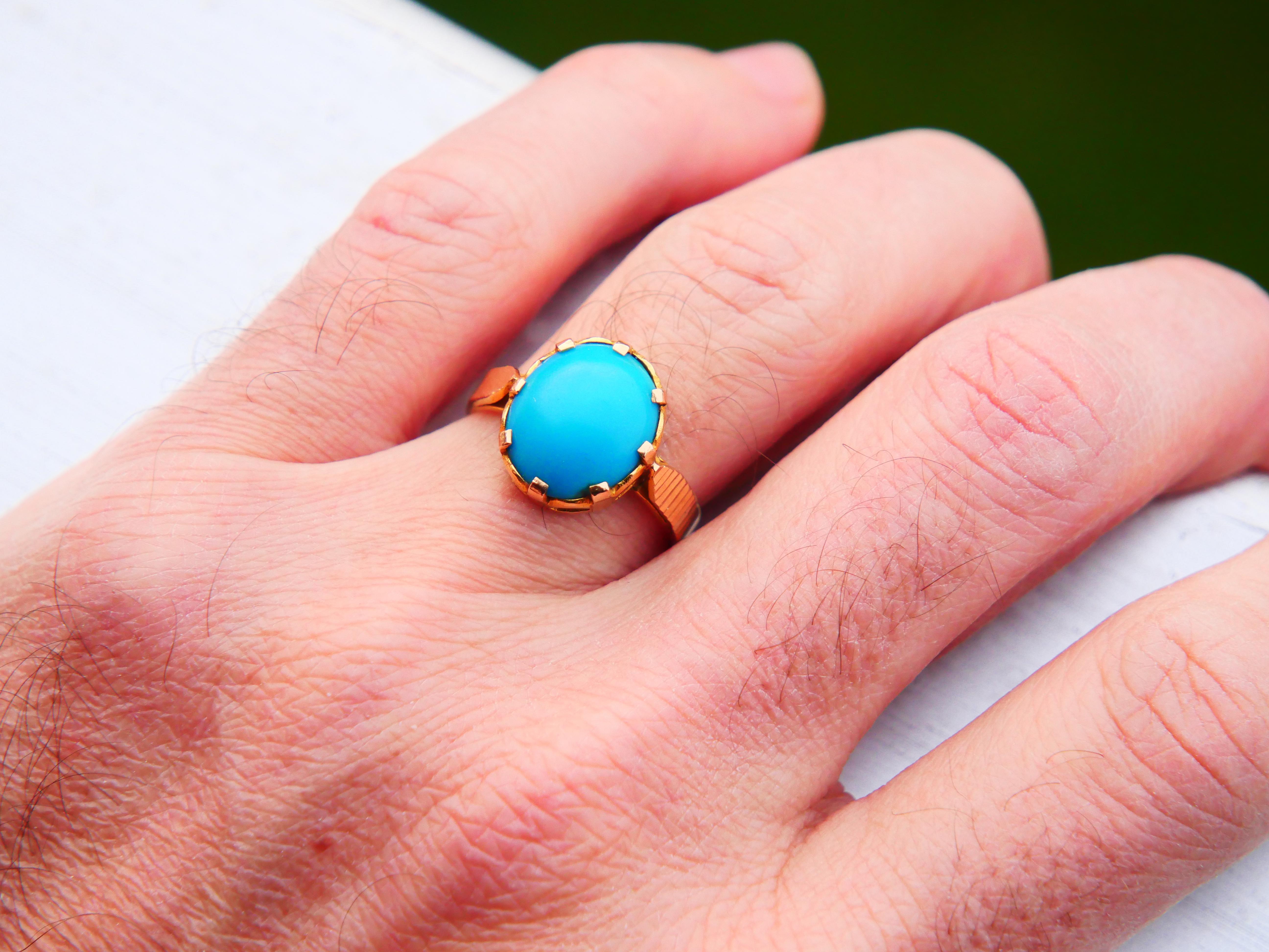 Antique Men Unisex Ring natural 9ct Turquoise solid 18K Yellow Gold Ø 9.25/5.6gr For Sale 1