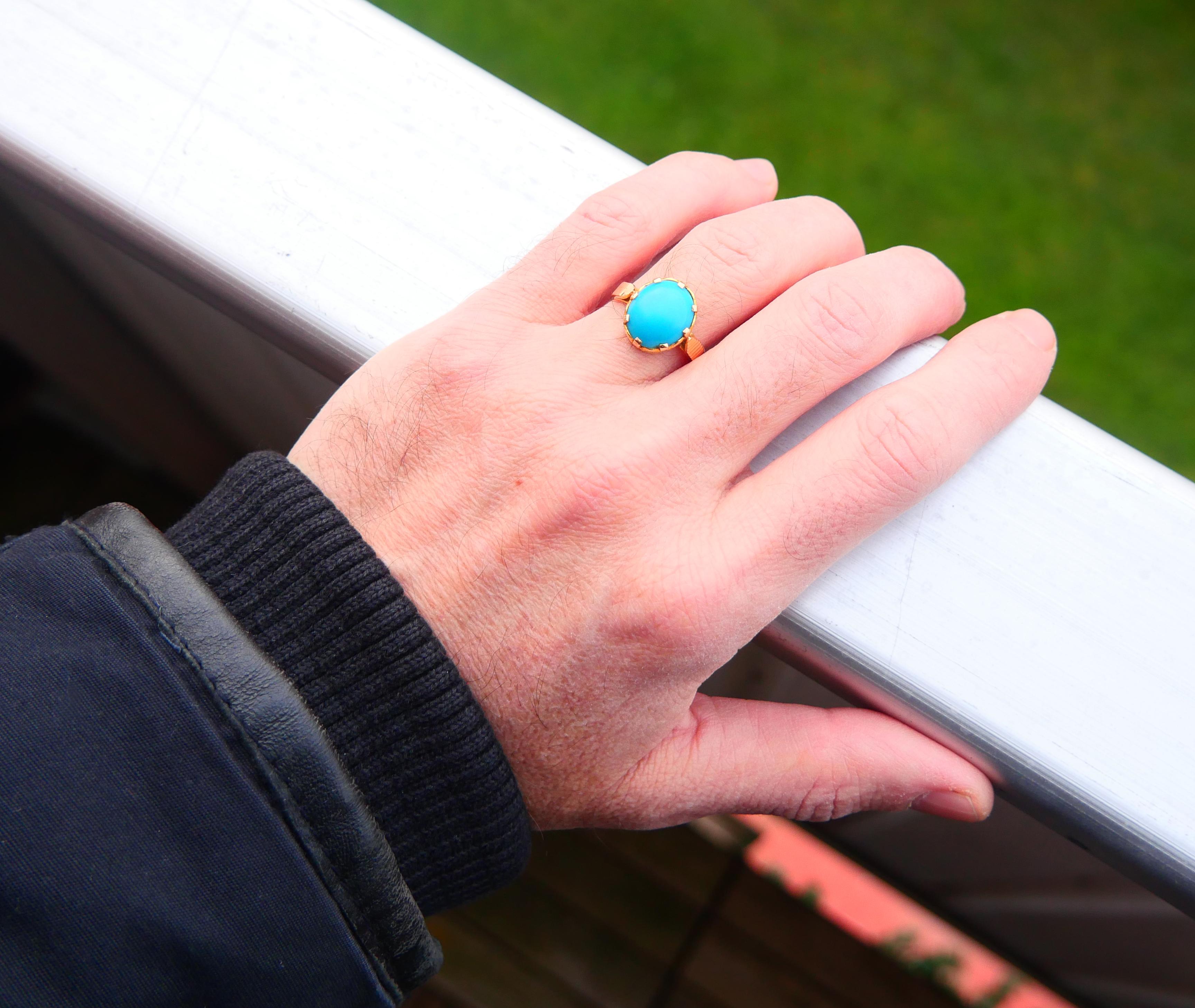 Antique Men Unisex Ring natural 9ct Turquoise solid 18K Yellow Gold Ø 9.25/5.6gr For Sale 2