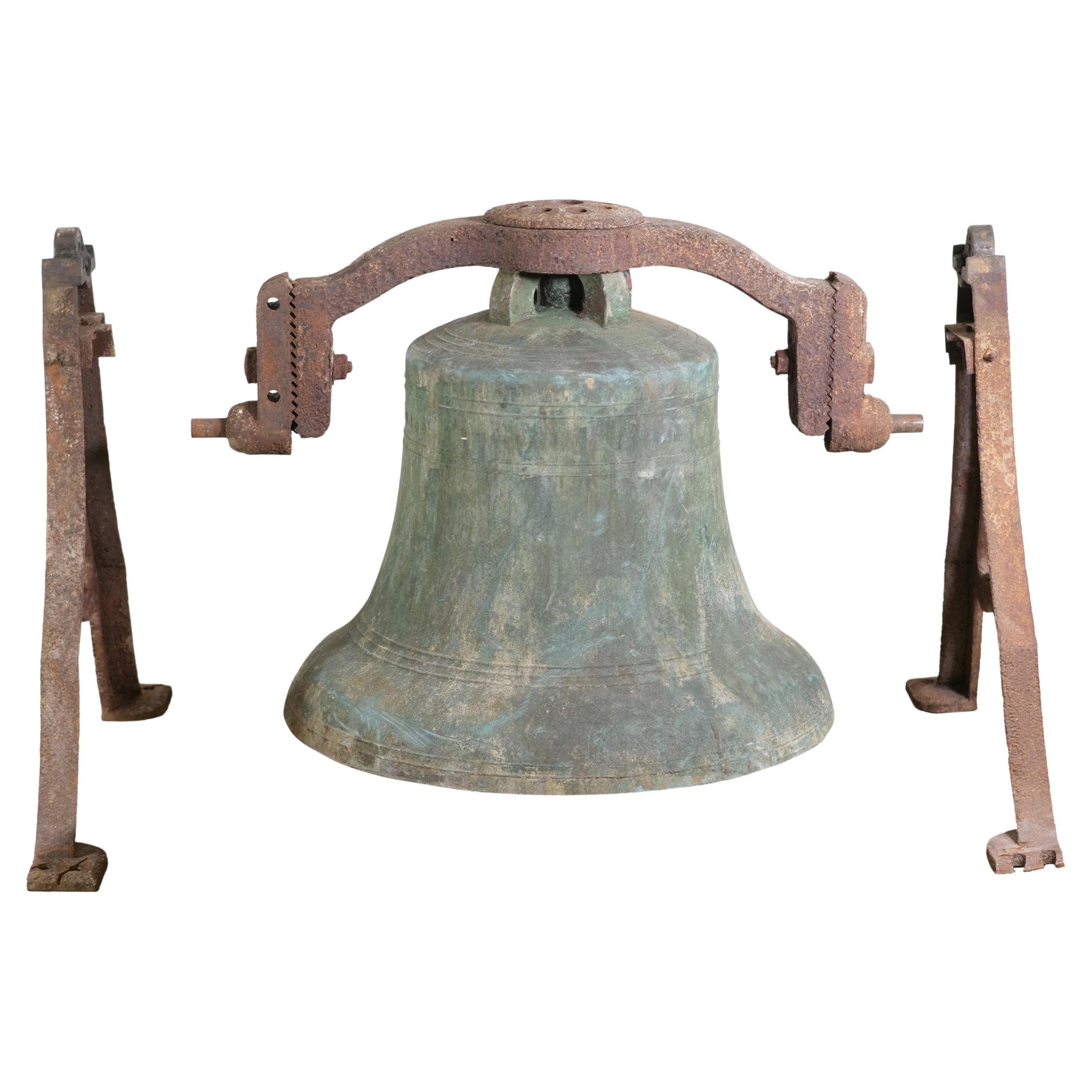 Antique Meneely's West 1855 Bronze Church Bell Iron Base For Sale