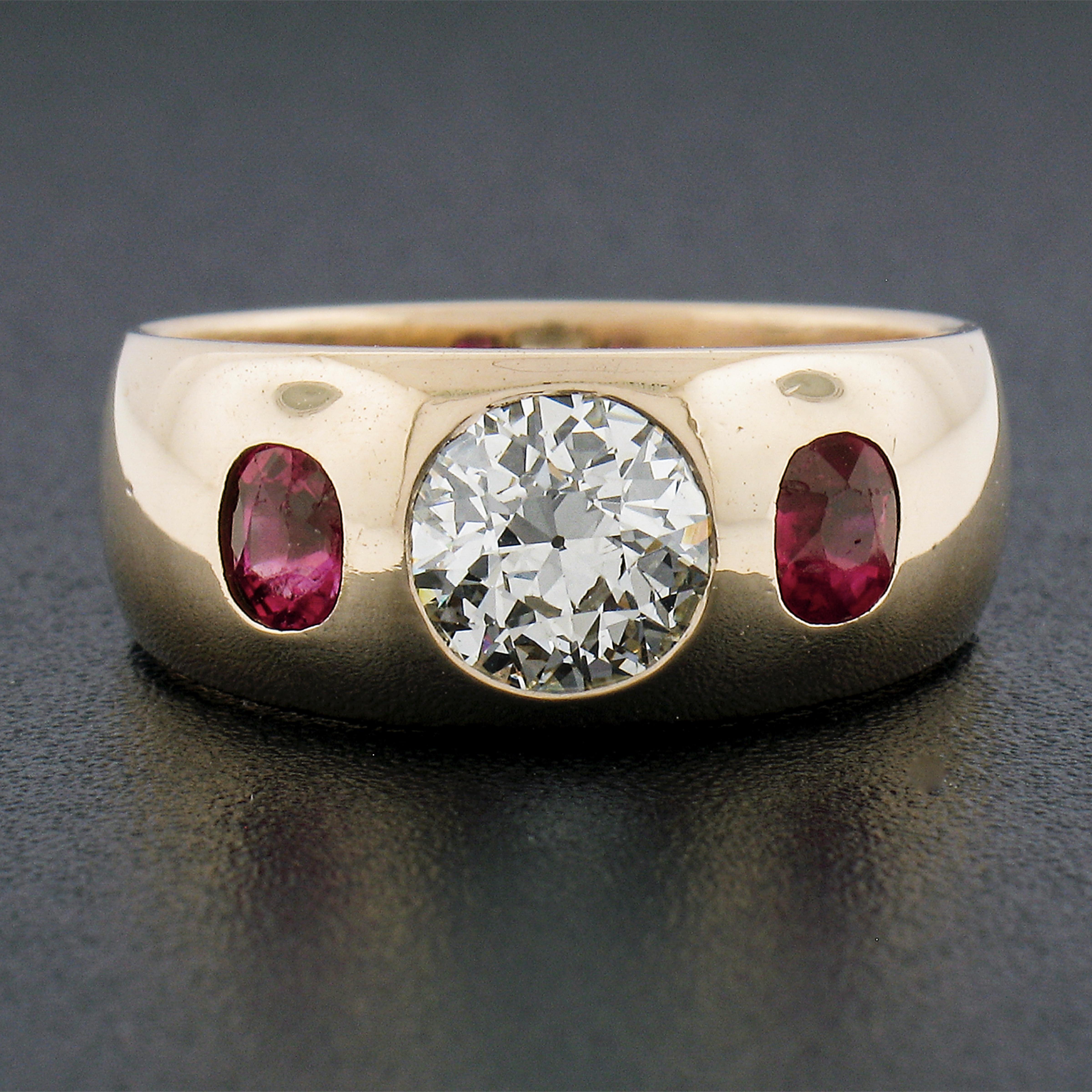 Old European Cut Antique Mens 14K Gold 1.12ct Old European Diamond & Ruby Bezel Gypsy Band Ring For Sale