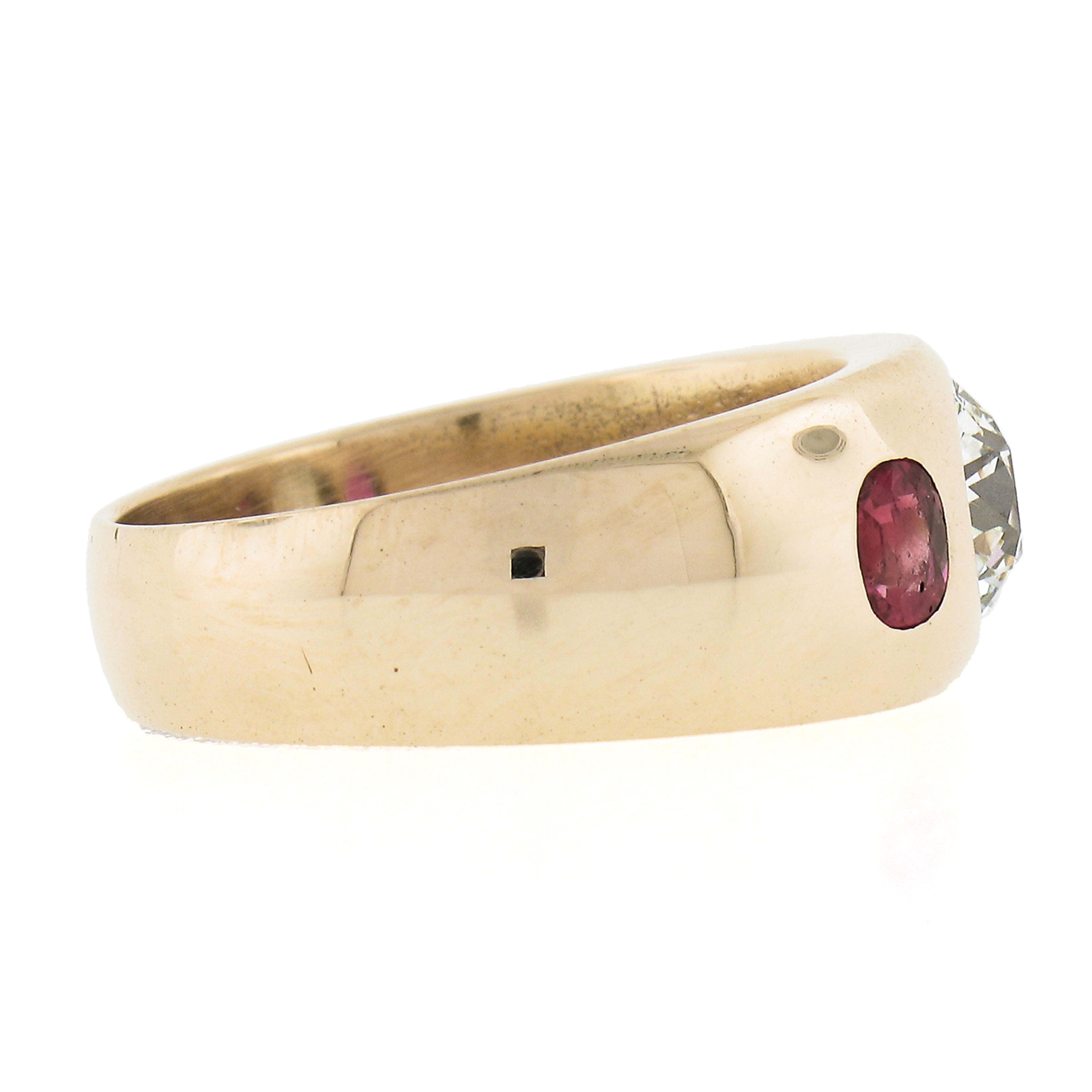 Men's Antique Mens 14K Gold 1.12ct Old European Diamond & Ruby Bezel Gypsy Band Ring For Sale