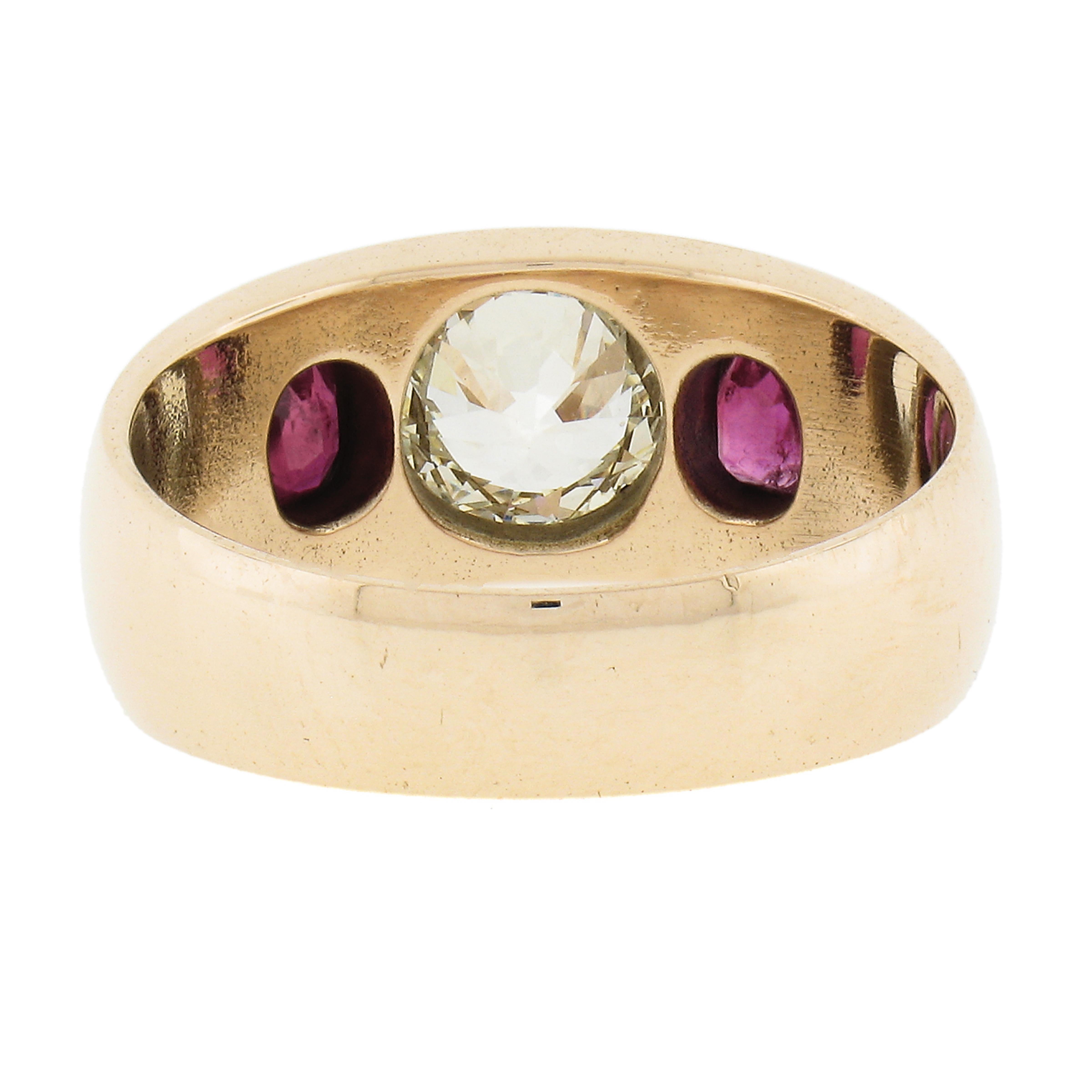 Antique Mens 14K Gold 1.12ct Old European Diamond & Ruby Bezel Gypsy Band Ring For Sale 2