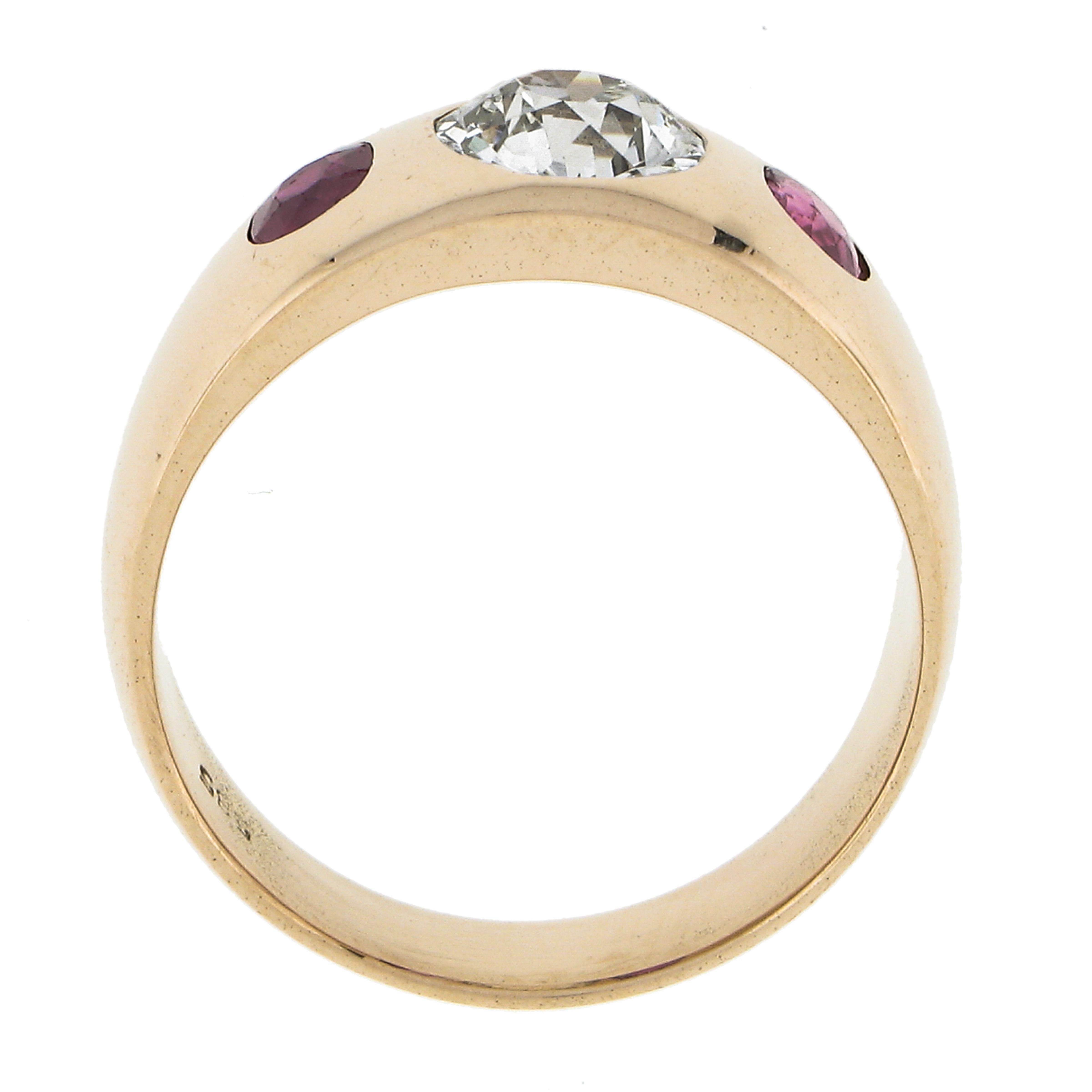 Antique Mens 14K Gold 1.12ct Old European Diamond & Ruby Bezel Gypsy Band Ring For Sale 3