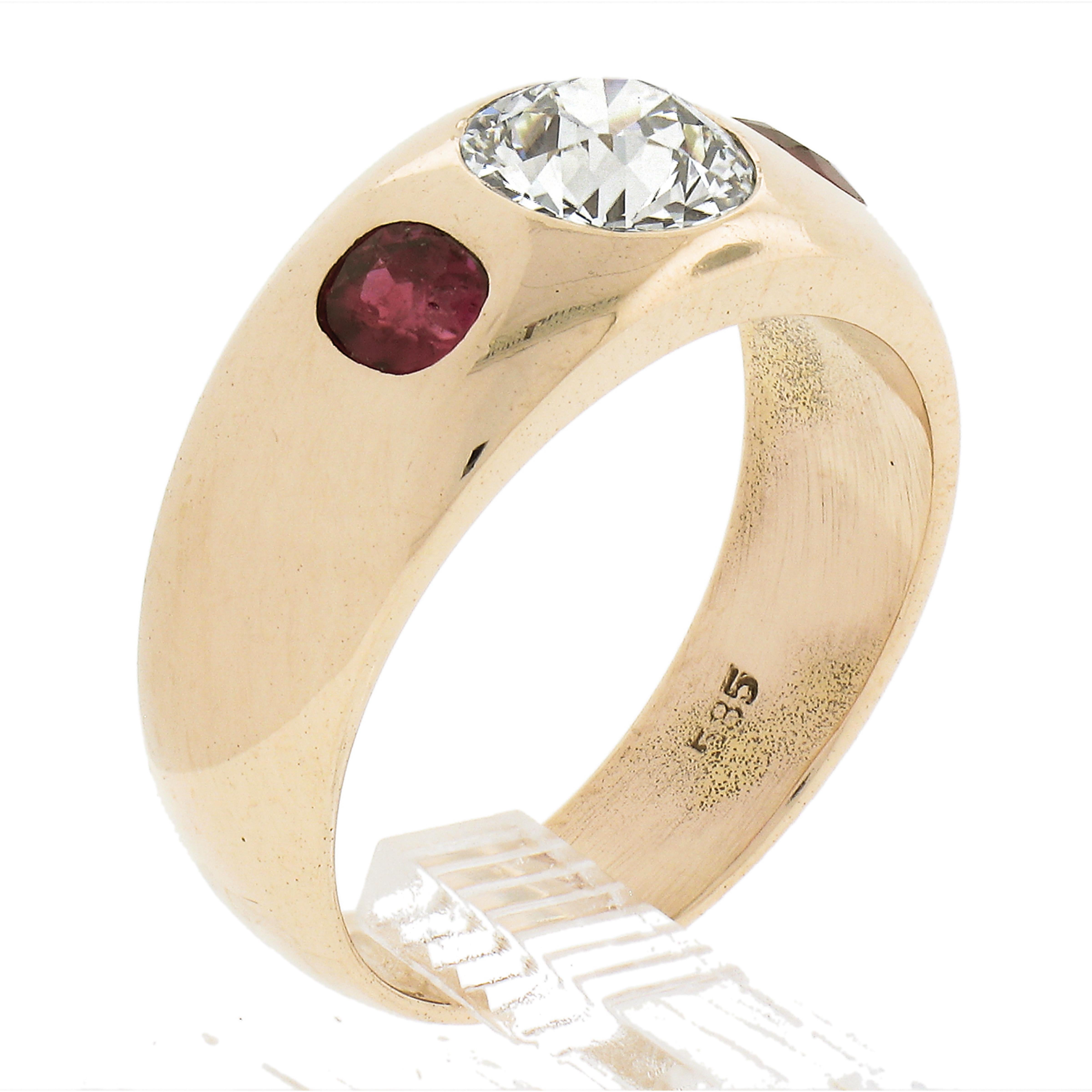 Antique Mens 14K Gold 1.12ct Old European Diamond & Ruby Bezel Gypsy Band Ring For Sale 4