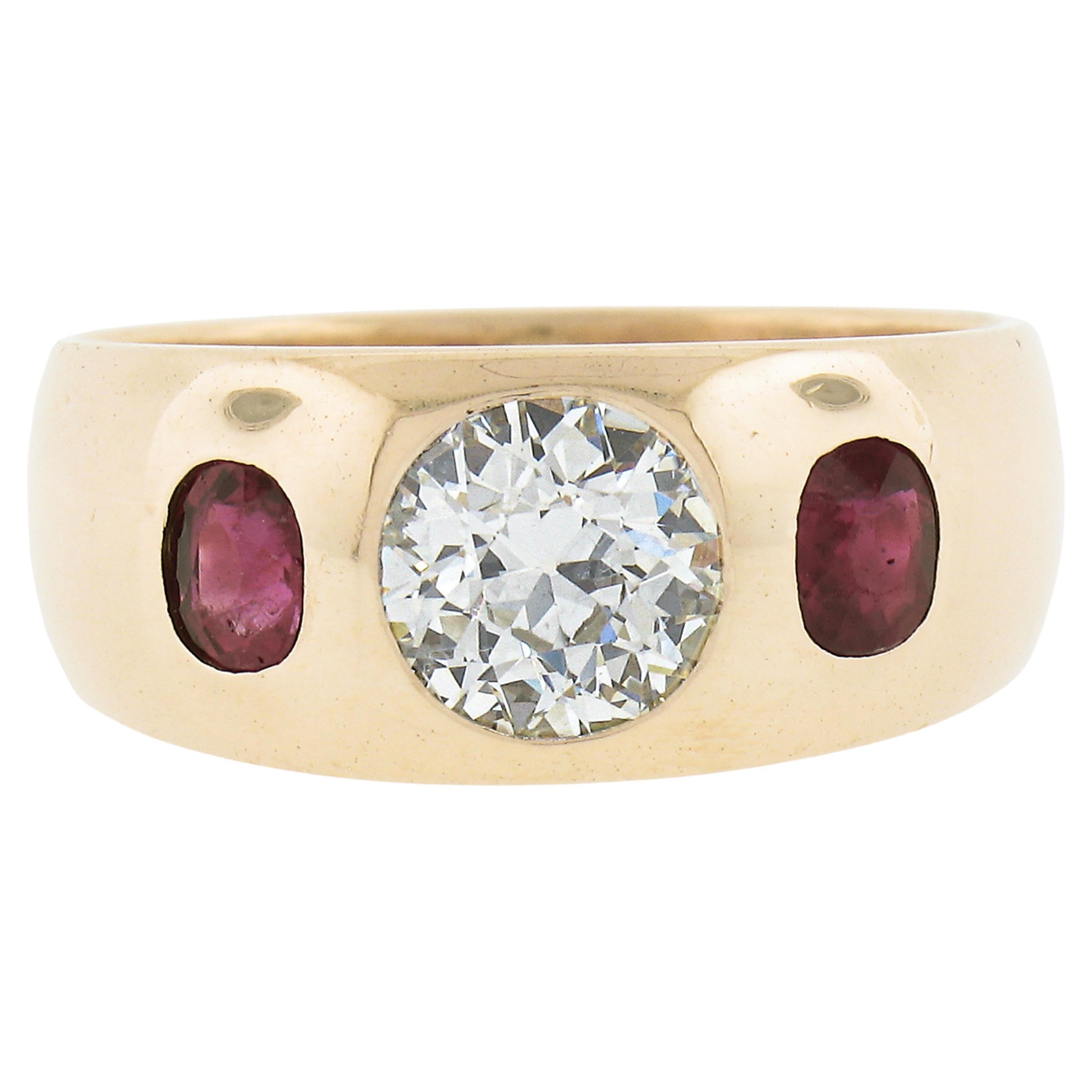 Antiker Gypsy-Ring für Herren, 14 Karat Gold, 1,12 Karat alter europäischer Diamant & Rubin, Lünette im Angebot