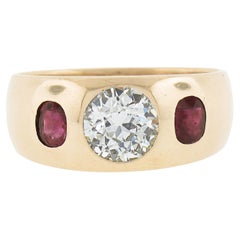 Antiker Gypsy-Ring für Herren, 14 Karat Gold, 1,12 Karat alter europäischer Diamant & Rubin, Lünette