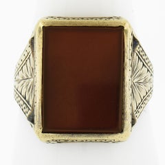 Antique Men's 14k Gold Rectangular Carnelian Solitaire Wheat Hand Engraved Ring