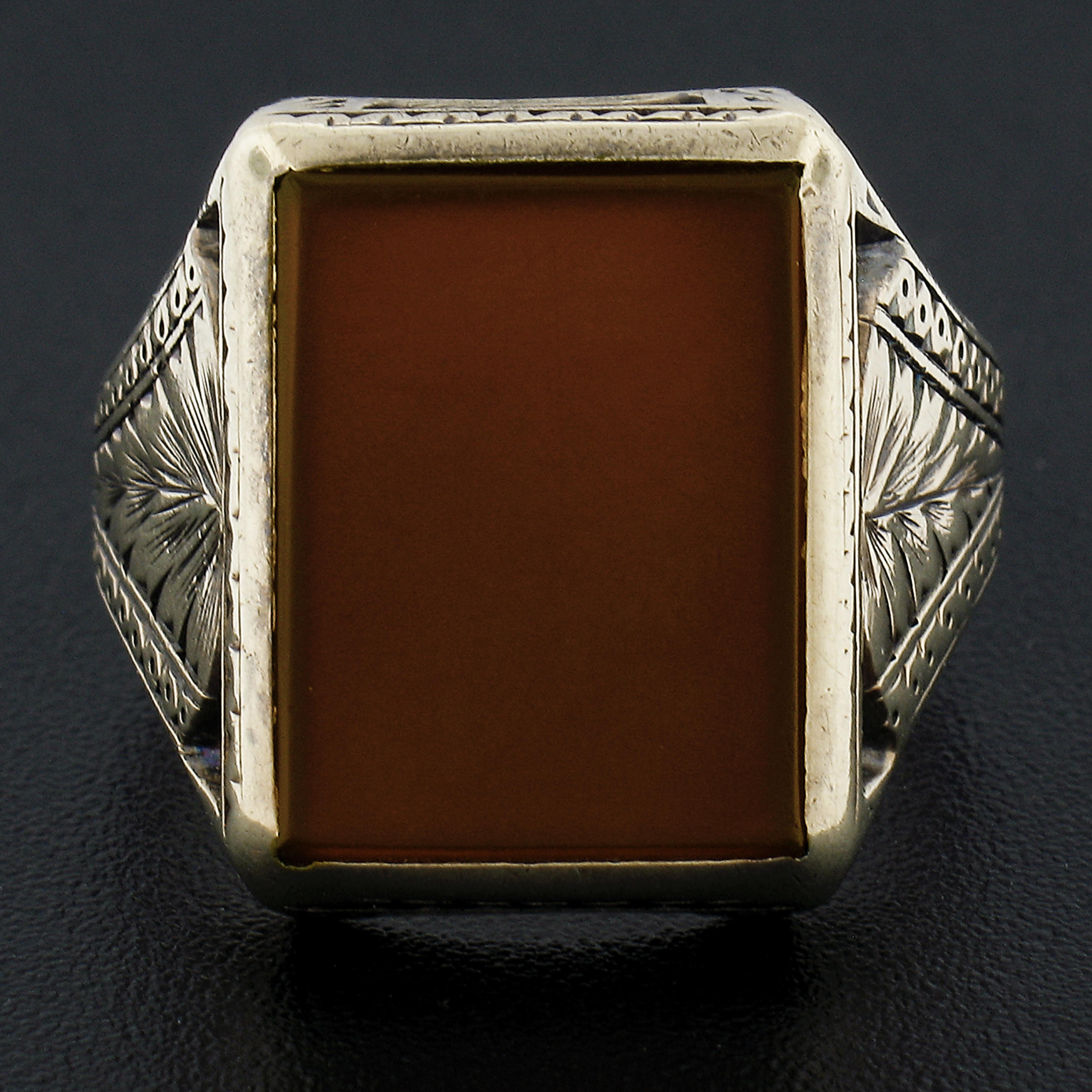 Emerald Cut Antique Men's 14k Gold Rectangular Carnelian Solitaire Wheat Hand Engraved Ring For Sale