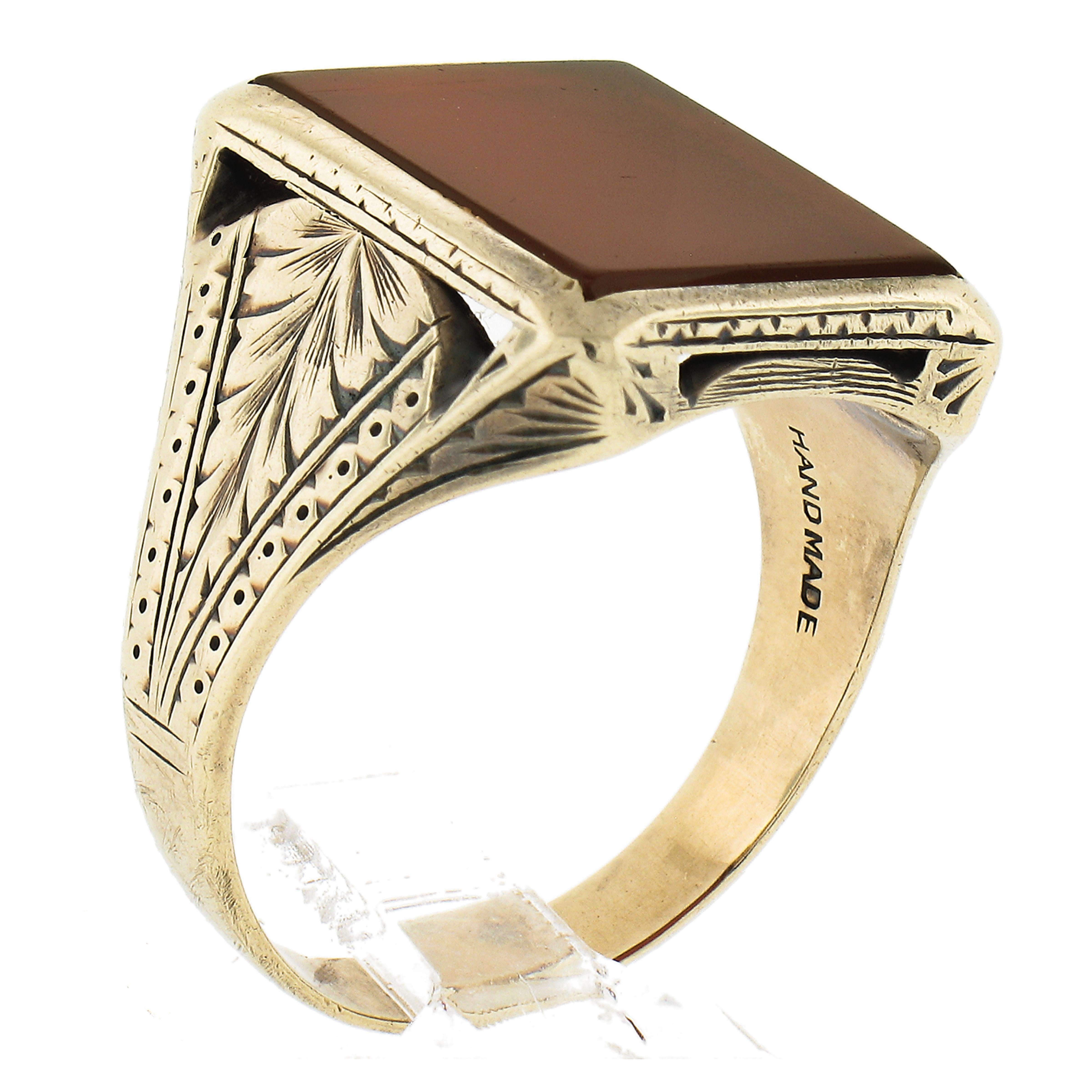 Antike Herren 14k Gold rechteckig Karneol Solitär Weizen Hand graviert Ring im Angebot 5