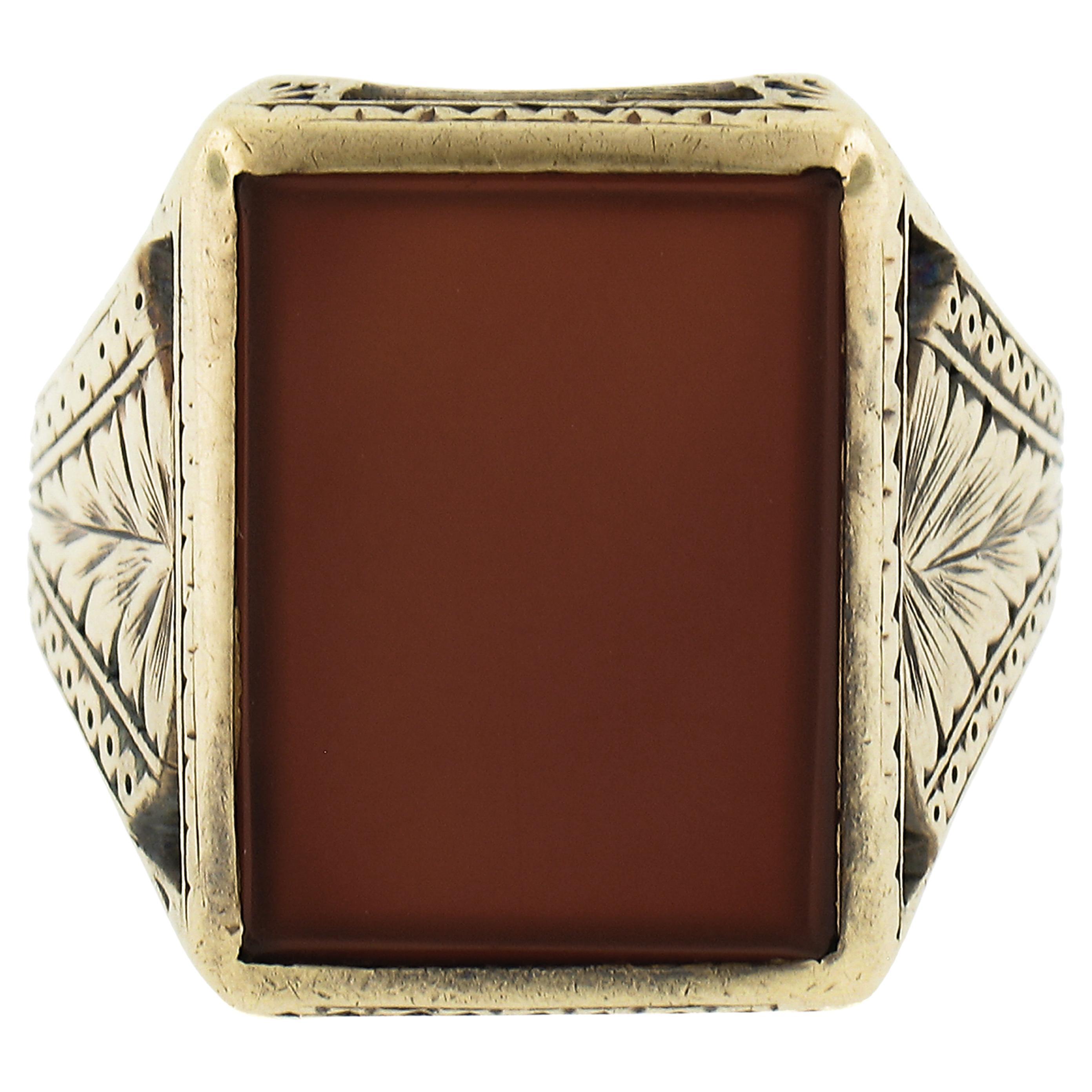Antique Men's 14k Gold Rectangular Carnelian Solitaire Wheat Hand Engraved Ring For Sale