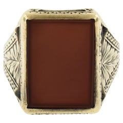 Antique Men's 14k Gold Rectangular Carnelian Solitaire Wheat Hand Engraved Ring