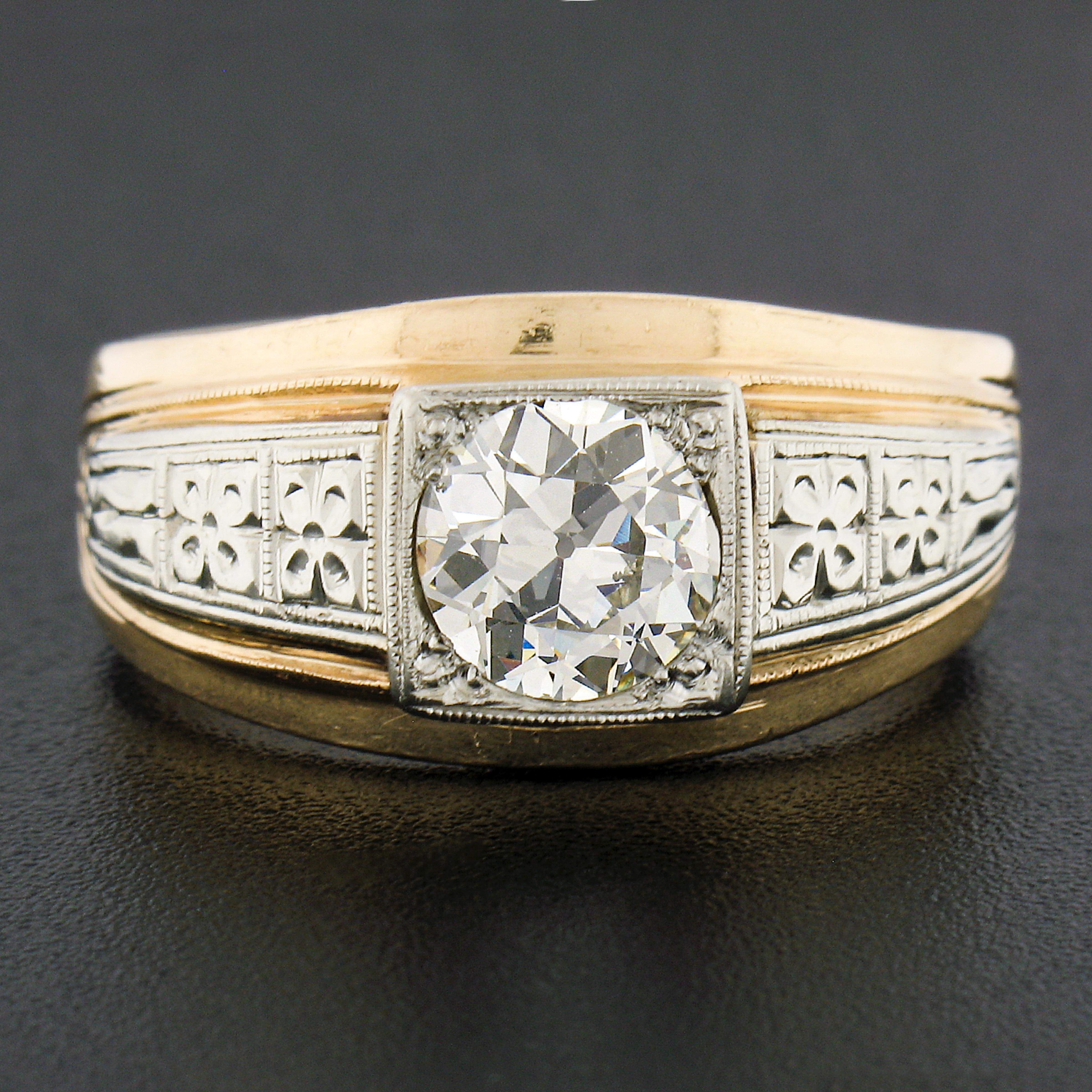 Art Nouveau Antique Mens 14k TT Gold 1.57ct Old European Cut Diamond Detailed Solitaire Ring