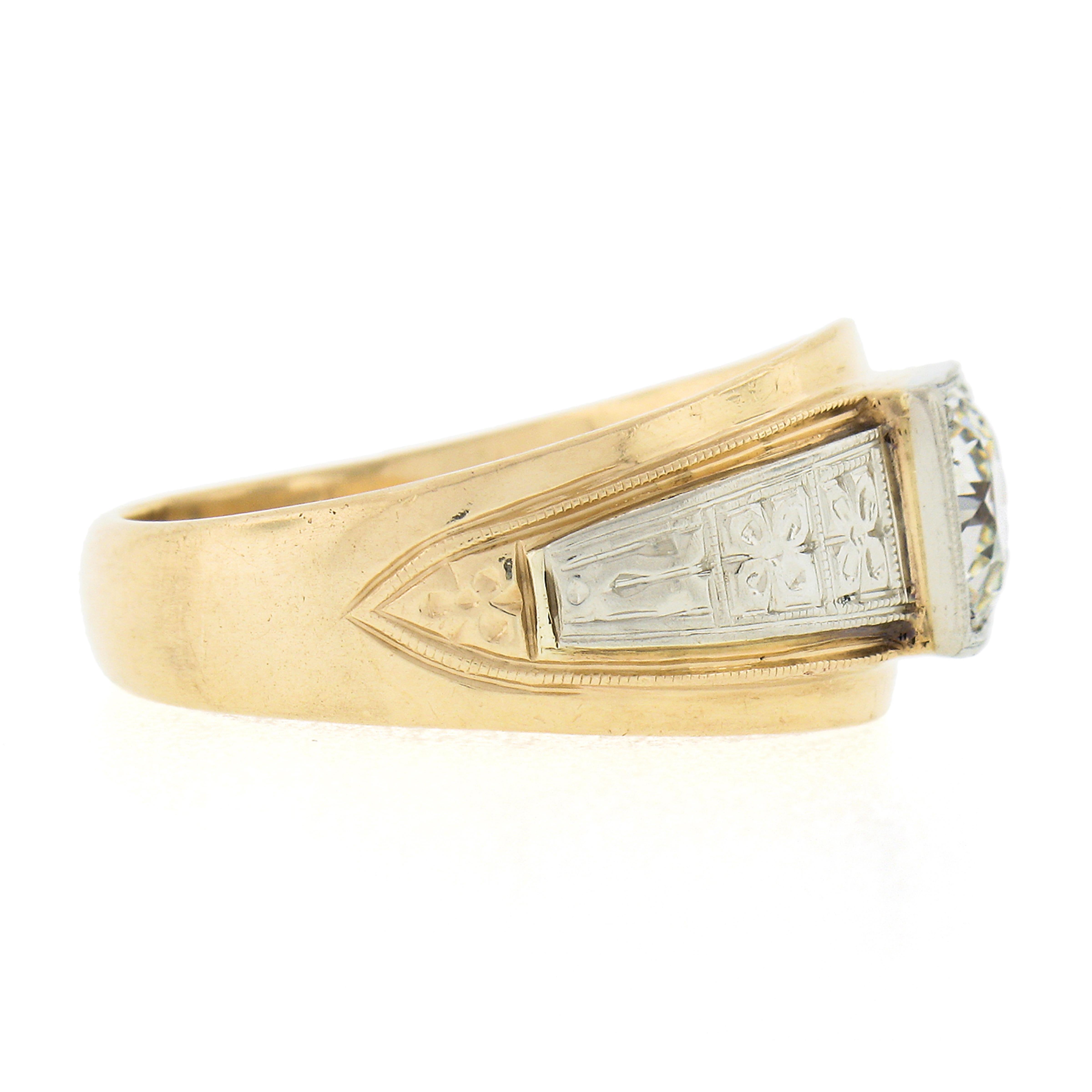 Women's or Men's Antique Mens 14k TT Gold 1.57ct Old European Cut Diamond Detailed Solitaire Ring