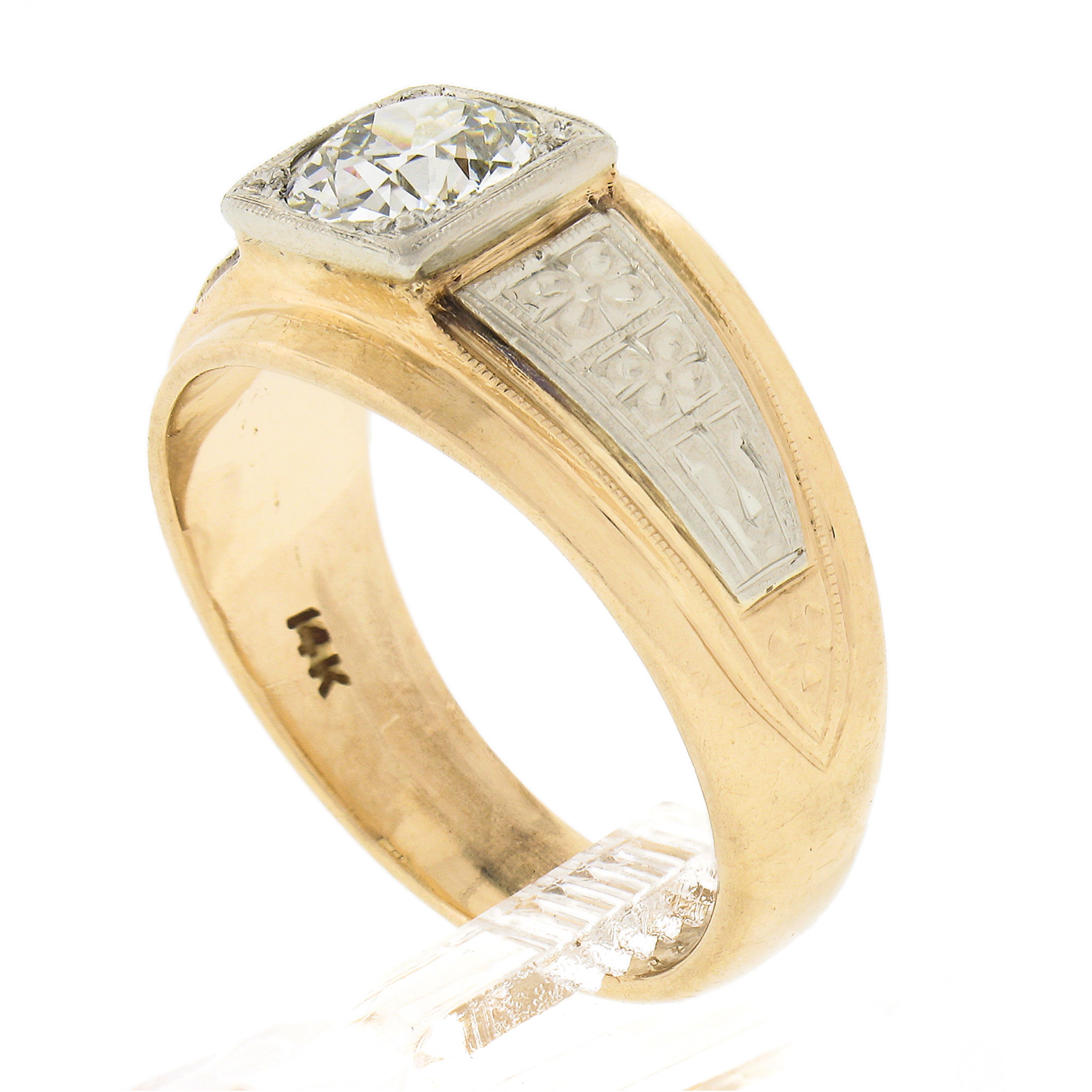 Antique Mens 14k TT Gold 1.57ct Old European Cut Diamond Detailed Solitaire Ring 4