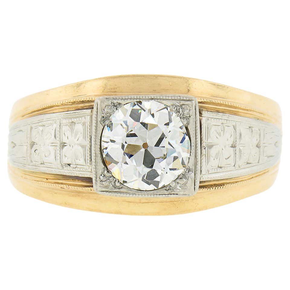 Mens Diamond Ring 14K Gold Band .75ct Old European Solitaire Vintage ...