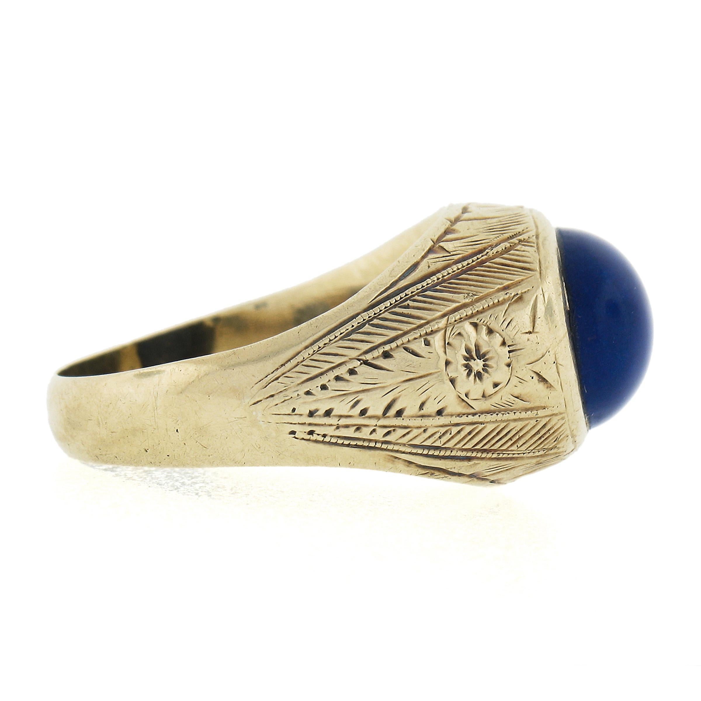 Oval Cut Antique Men's 14k Yellow Gold Oval Cabochon Bezel Lapis Hand Engraved Work Ring