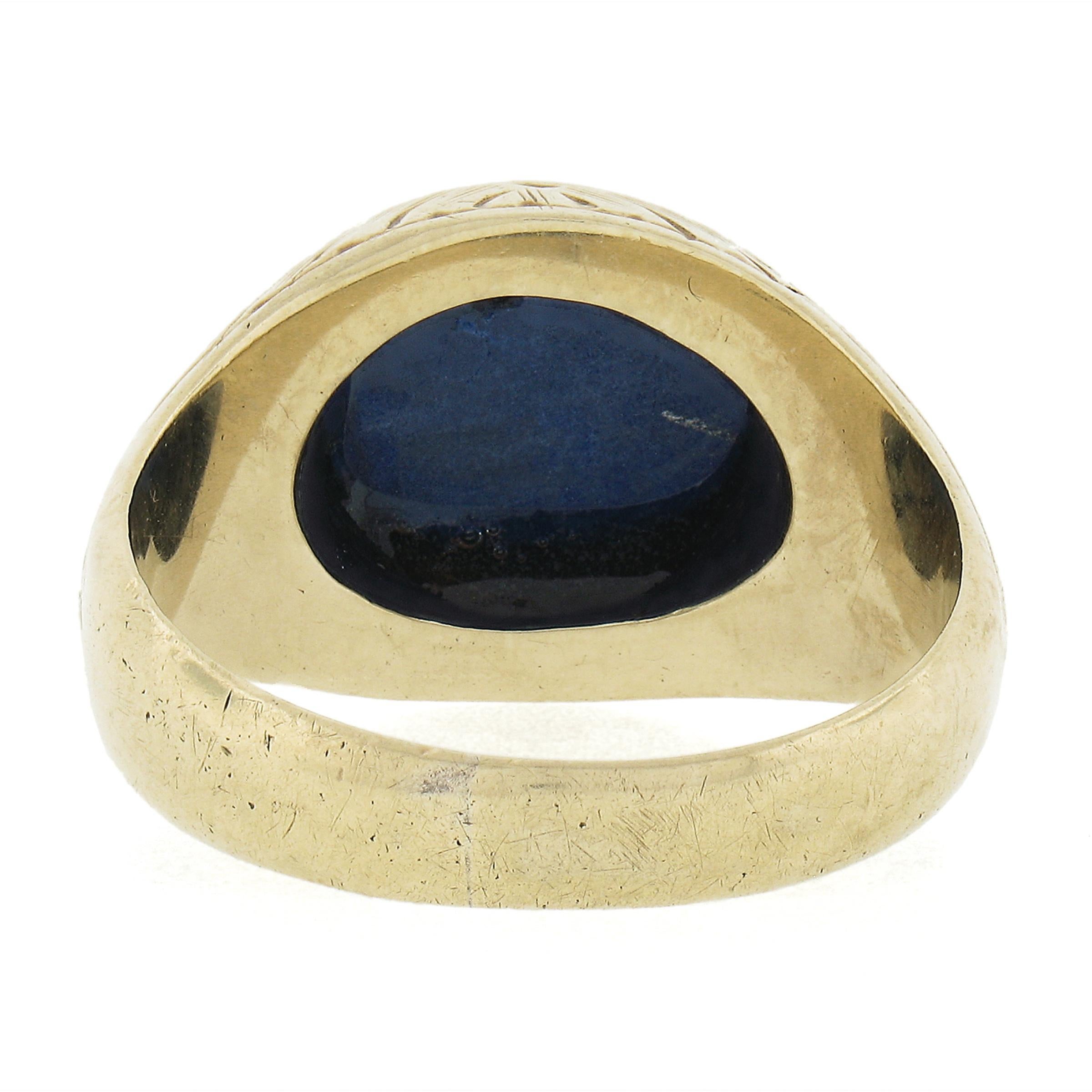 Antique Men's 14k Yellow Gold Oval Cabochon Bezel Lapis Hand Engraved Work Ring 1