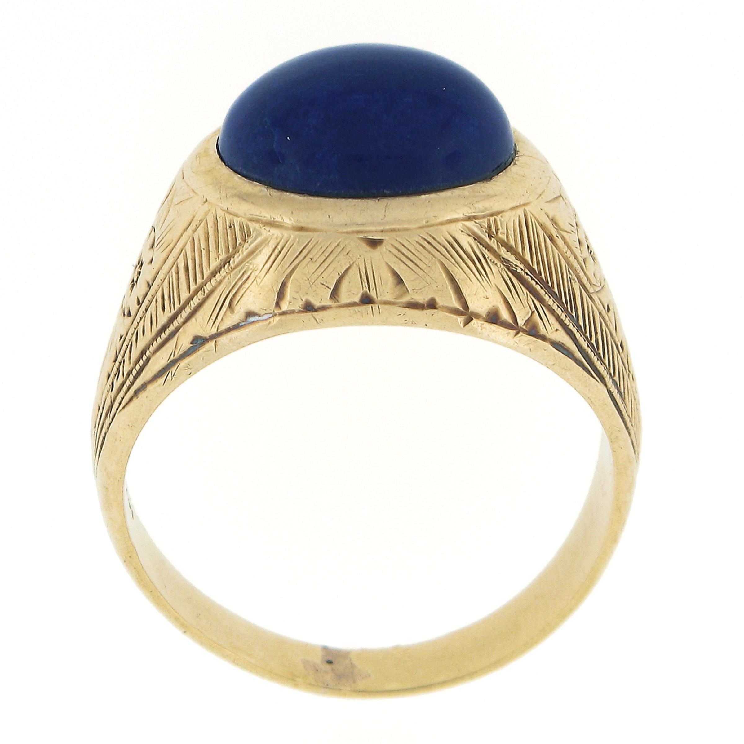 Antique Men's 14k Yellow Gold Oval Cabochon Bezel Lapis Hand Engraved Work Ring 2