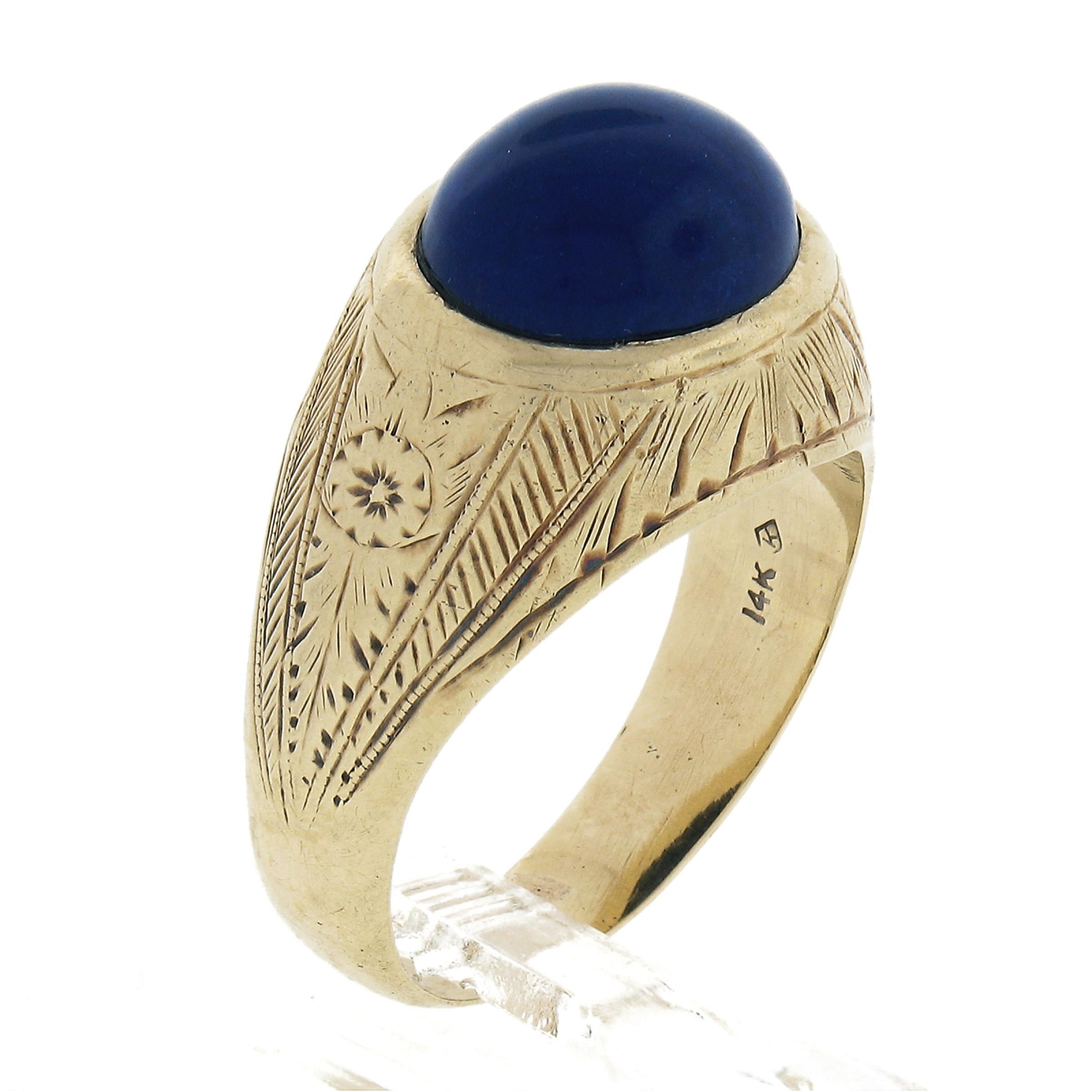 Antique Men's 14k Yellow Gold Oval Cabochon Bezel Lapis Hand Engraved Work Ring 3