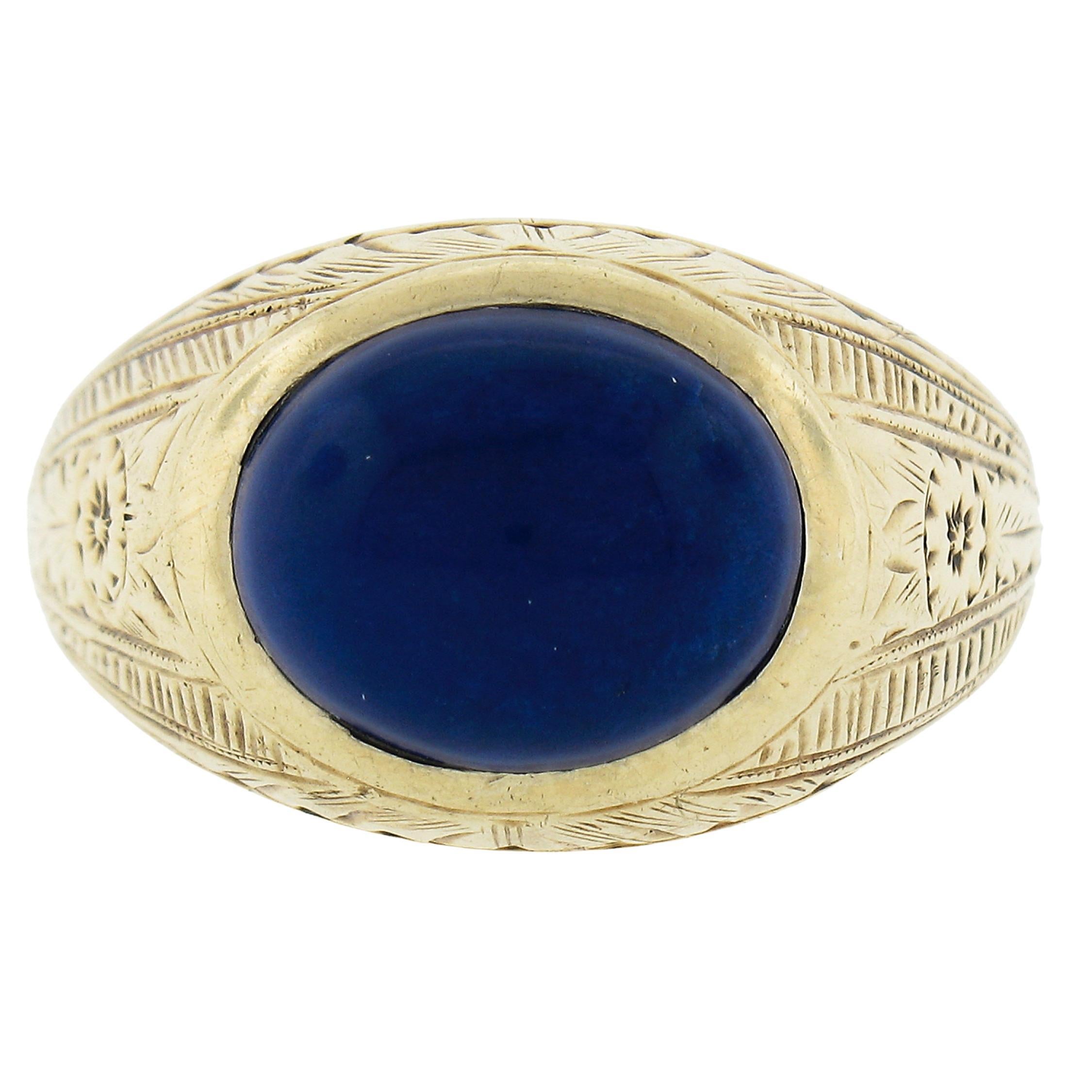 Antique Men's 14k Yellow Gold Oval Cabochon Bezel Lapis Hand Engraved Work Ring