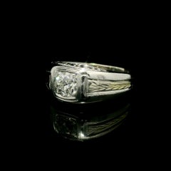 Antique Men's 18k Gold 0.72ct Diamond Hand Engraved Etched Solitaire Ring