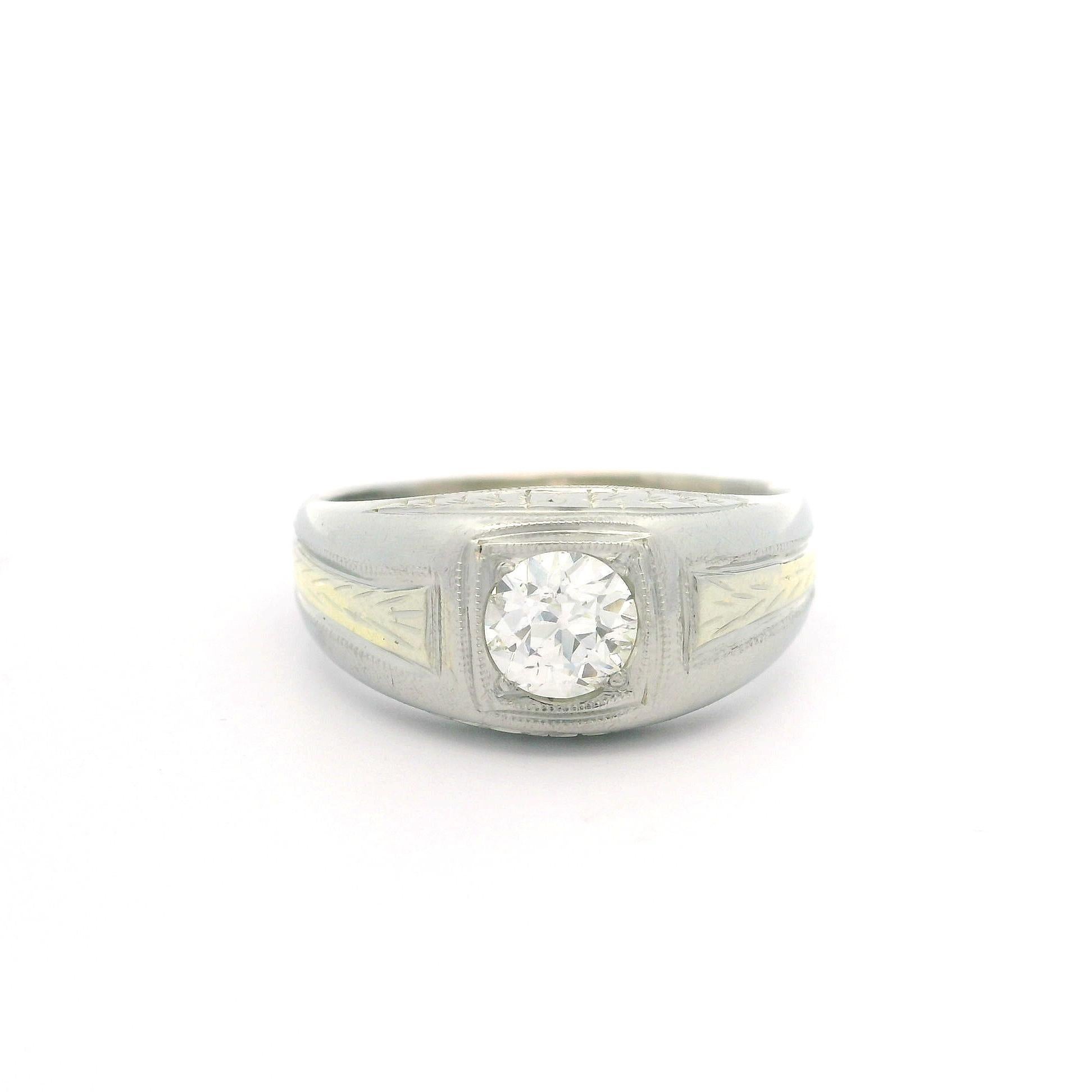 Anillo Solitario Grabado a Mano Antiguo de Oro de 18k para Hombre 0,72ct Diamantes Corte europeo antiguo en venta