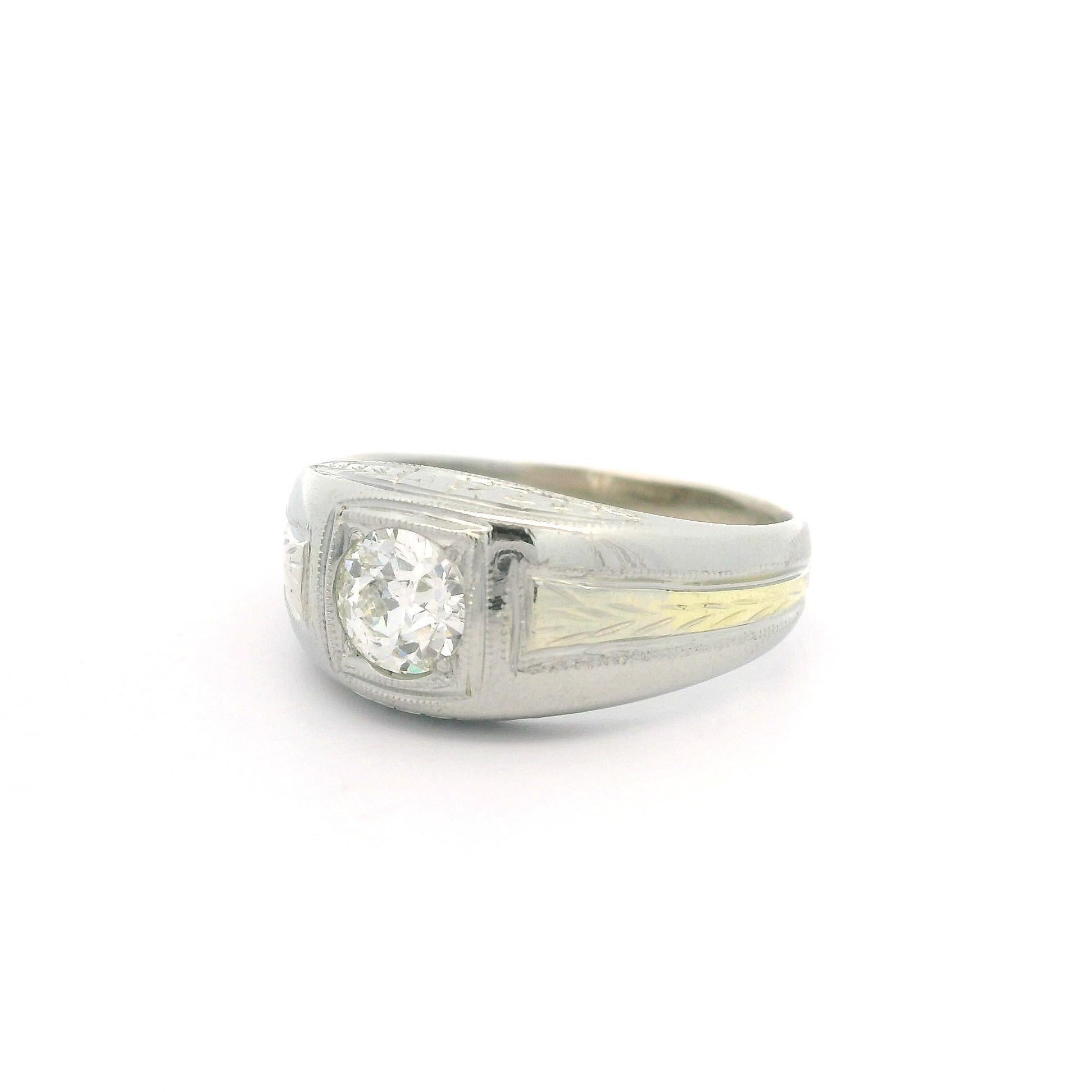 Anillo Solitario Grabado a Mano Antiguo de Oro de 18k para Hombre 0,72ct Diamantes en venta 1