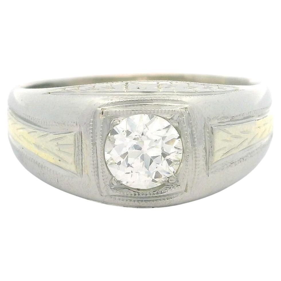 Antique Men's 18k Gold 0.72ct Diamond Hand Engraved Etched Solitaire Ring