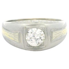 Antique Men's 18k Gold 0.72ct Diamond Hand Engraved Etched Solitaire Ring