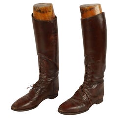 Antique Mens English Leather Riding Boots With Chestnut Wood Inserts