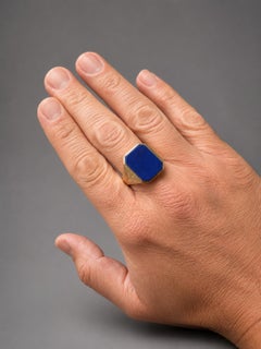 Antique Men's Heavy 14k Yellow Gold Large Lapis Solitaire Etched Engraved Ring